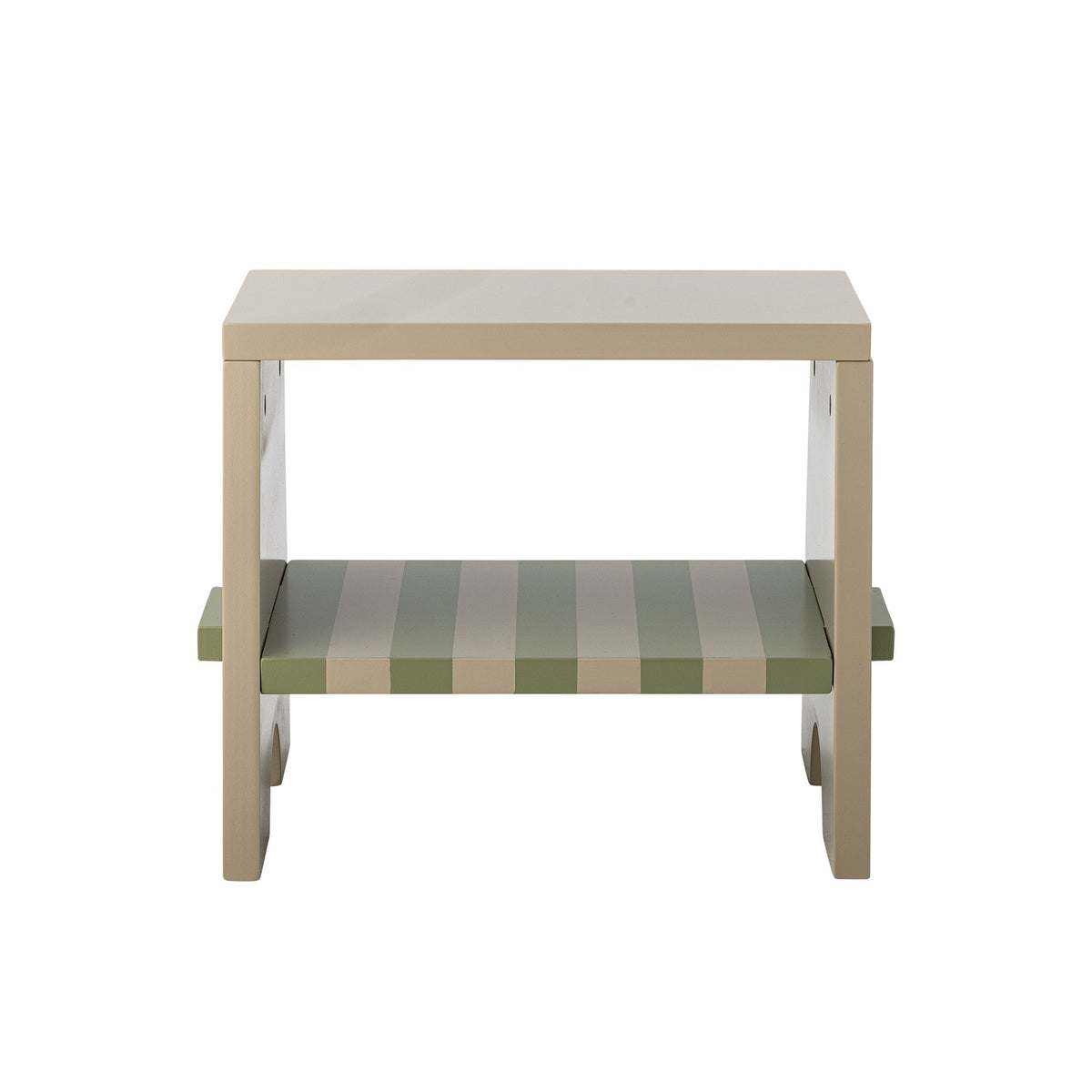 Liova Hocker von Bloomingville Mini aus lackiertem MDF, hellgelber Rahmen mit rosafarbenen Streifen auf der Sitzfläche, kleine Sitzgelegenheit.
