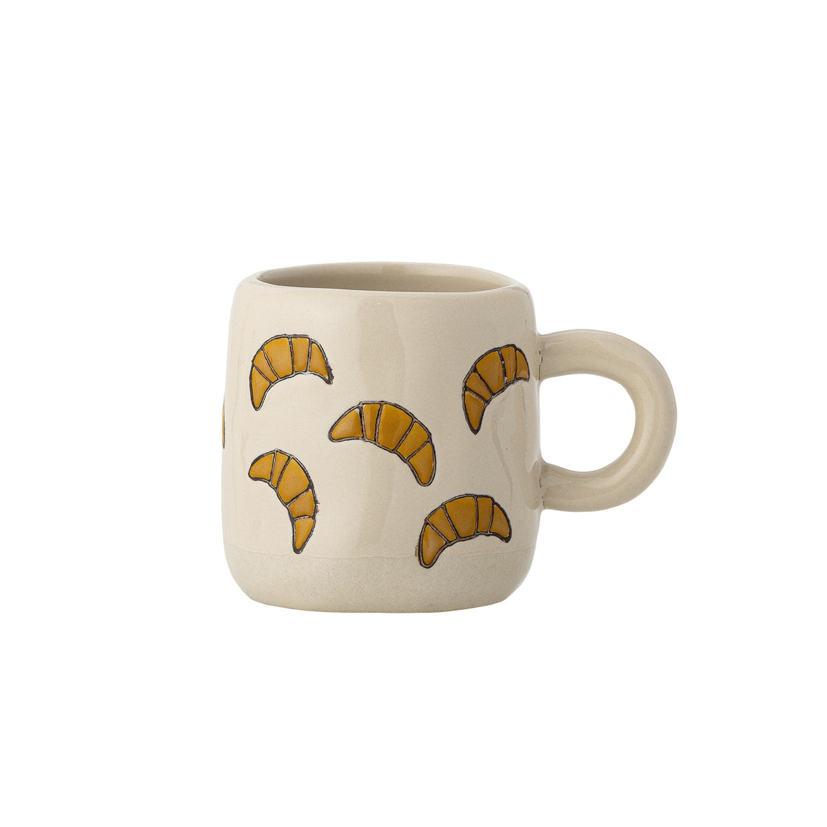 Millie Tasse von Bloomingville Mini aus Steingut, handbemalt mit Croissant-Motiven in Orange, Beige und Grün, kleine runde Form.