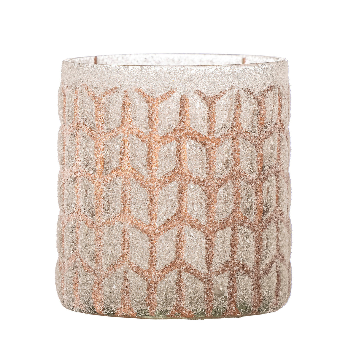 Teelichthalter Esther von Bloomingville aus rosafarbenem Glas mit mattiertem, grafischem Muster, rund, Höhe 9 cm, Durchmesser 8 cm