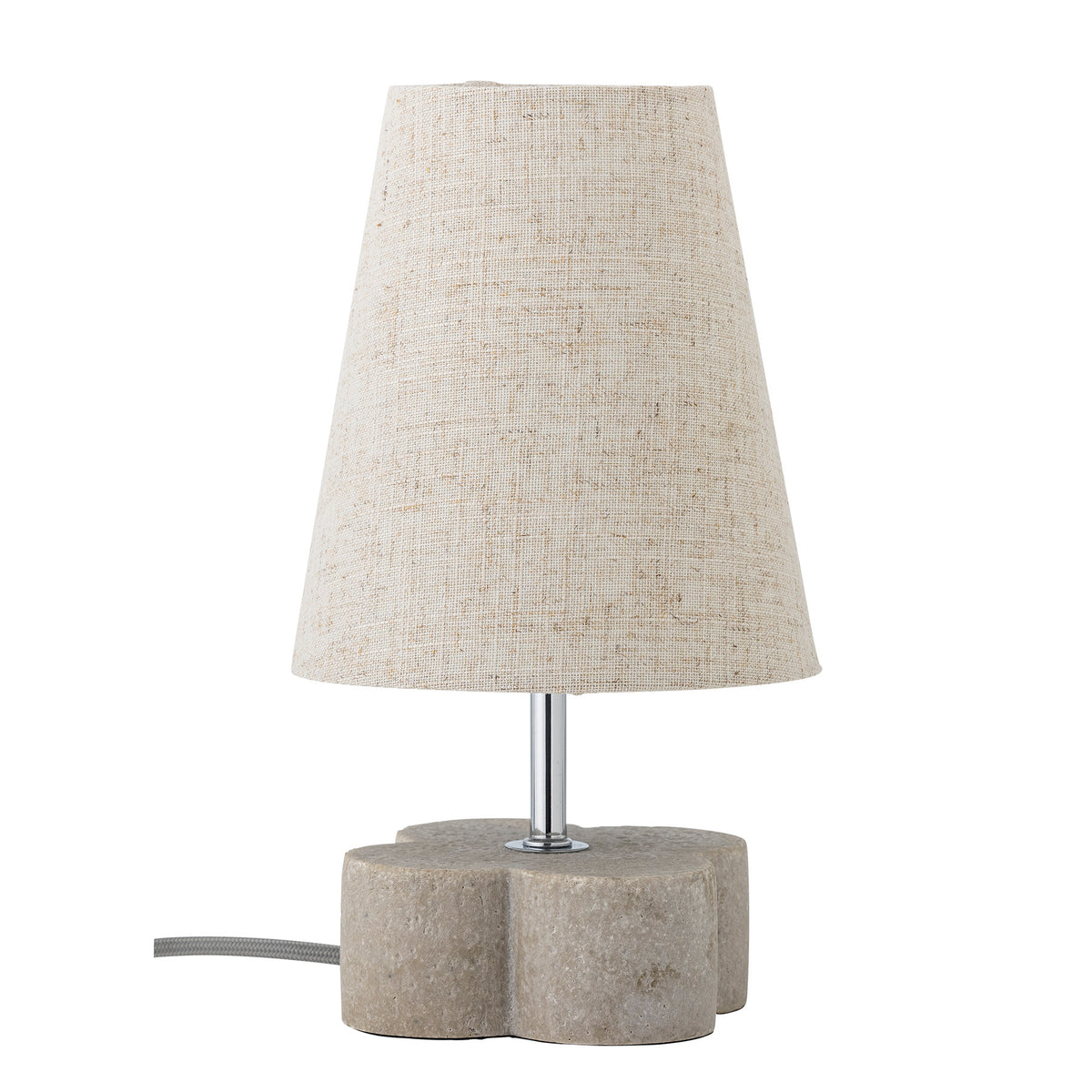 Tischlampe Foglio in Beige von Creative Collection mit rundem Sockel aus strukturiertem Polyresin und textilem Lampenschirm aus Leinen.
