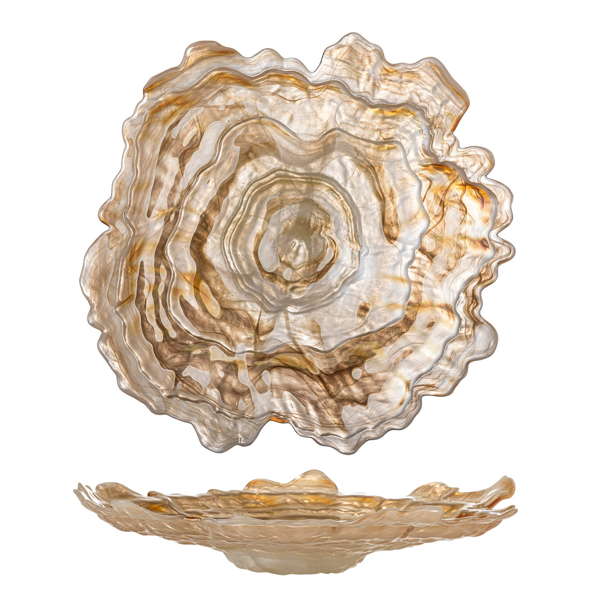 Asimi Schale, Beige, Glas von Bloomingville: runde Glasschale mit farbig besprühter, zart gewellter Oberfläche, Durchmesser 38 cm, Höhe 8.5 cm.