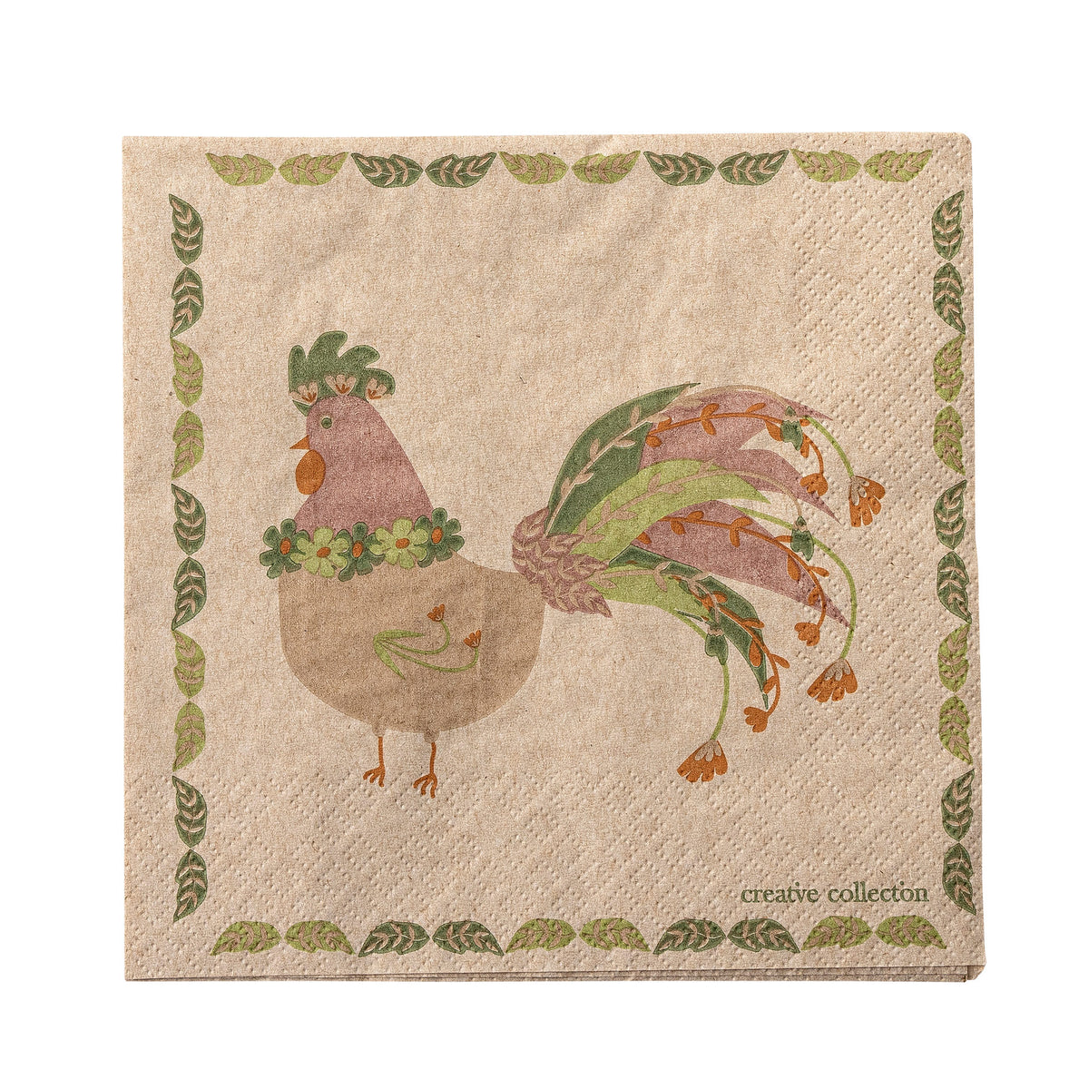 Grüne Papierserviette Joshua von Creative Collection mit buntem Hennenmotiv, quadratisch