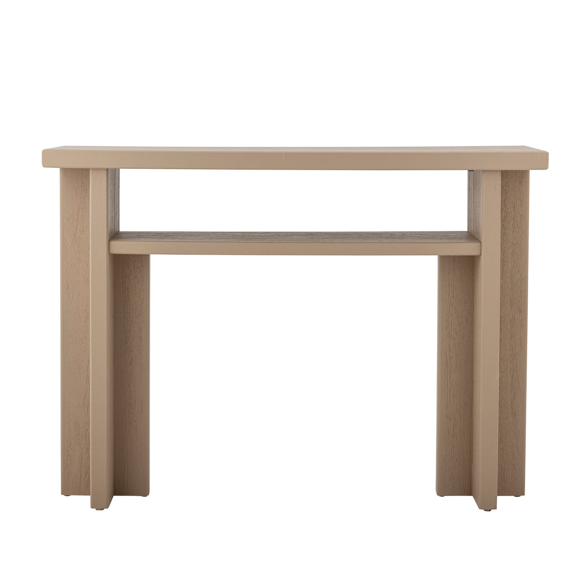Konsolentisch Cupa in Beige aus Tannenholz mit lackierter Oberfläche, geteilten Seitenwangen und offener Ablagefläche im unteren Bereich.