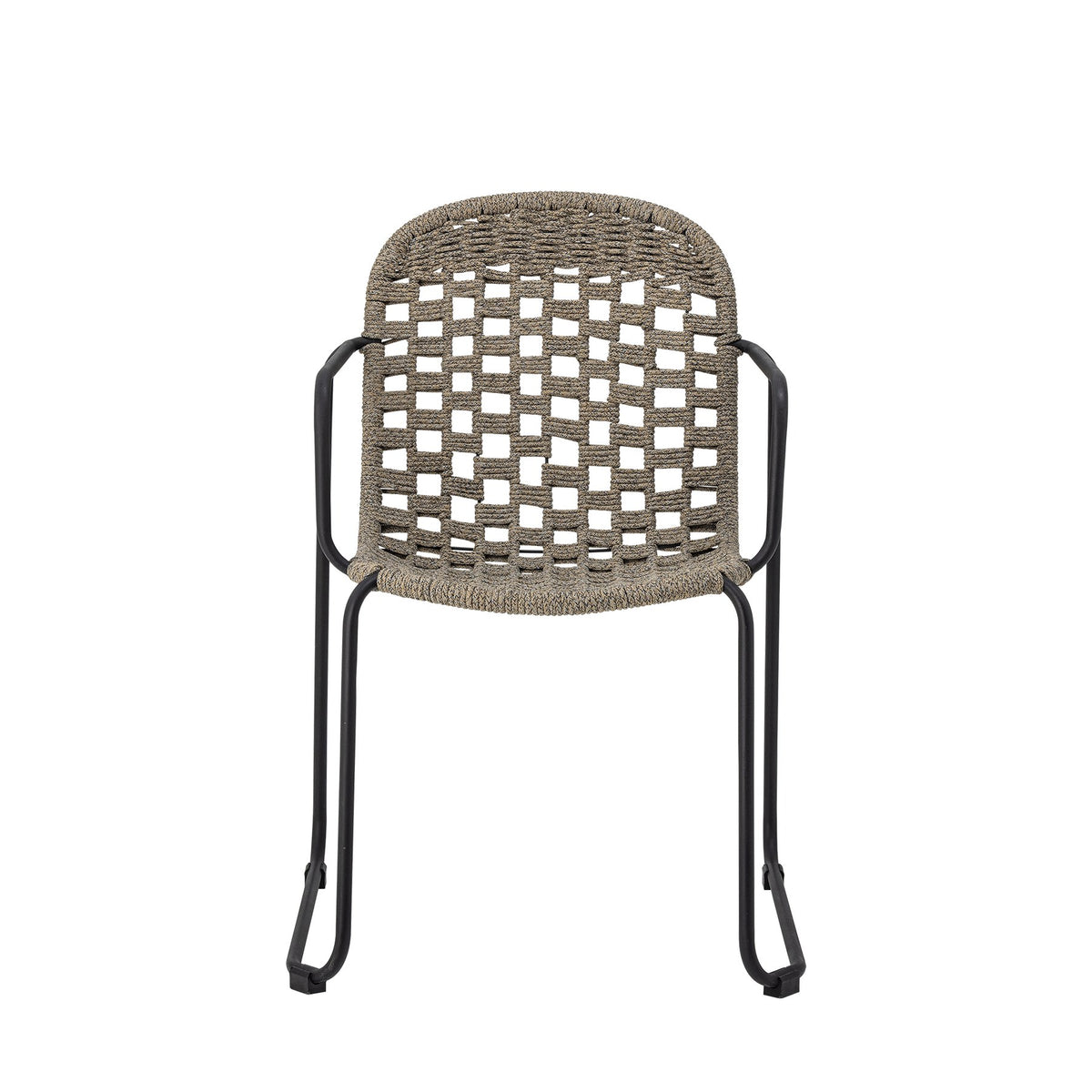 Schwarzer Calana Esszimmerstuhl von Bloomingville mit Eisengestell und offener Flechtoptik an Sitzfläche und Rückenlehne, abgerundete Form.