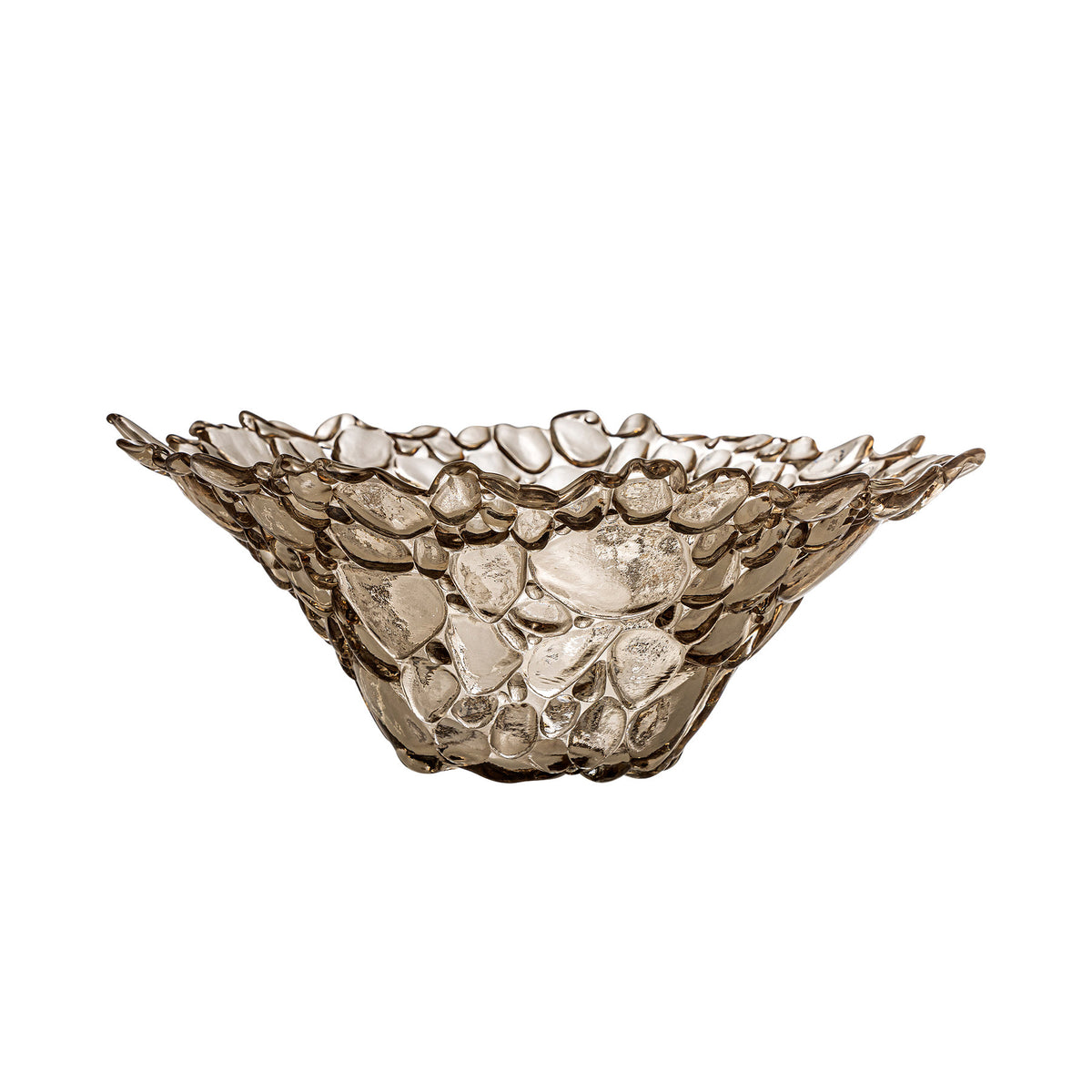 Runde Glasschale in Beige von Bloomingville mit strukturierter Oberfläche und kleinem Reliefmuster, Durchmesser 30 cm, Höhe 12 cm.