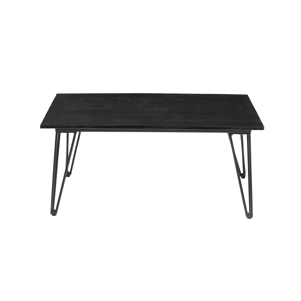 Schwarzer Mundo Couchtisch von Bloomingville aus Faserzement mit Eisenbeinen und länglicher Tischplatte für den Aussenbereich.