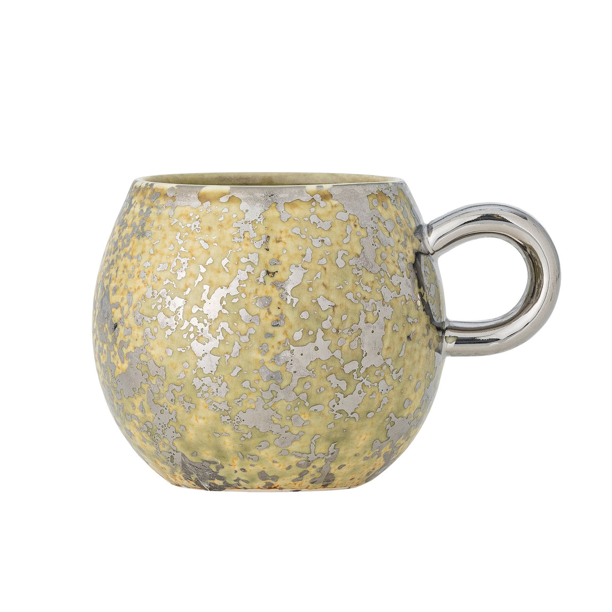 Gelbe Tasse Paula mit Henkel und glänzender, metallisch schimmernder Glasur