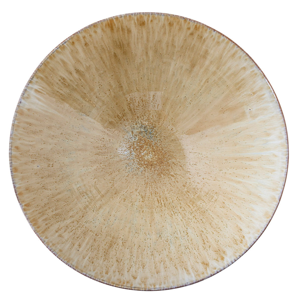 Runde Schale aus Steingut in Beige mit braunen und weissen Nuancen, gesprenkelter Glasur und strahlenförmigem Muster, Durchmesser 40 cm.