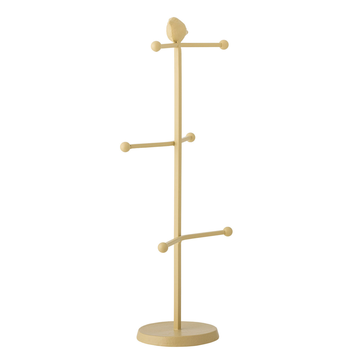 Tassenständer Dean in Beige aus Gusseisen und Eisen mit drei Querstäben zum Aufhängen von Tassen und kleiner Vogelfigur obenauf.