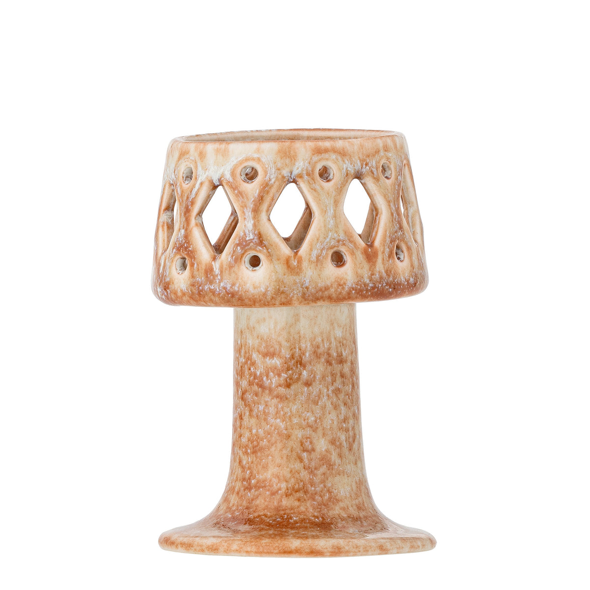 Teelichthalter Patty aus Steingut in Rose mit durchbrochenem Muster im oberen Bereich, rundes skulpturales Design, Höhe 12 cm.