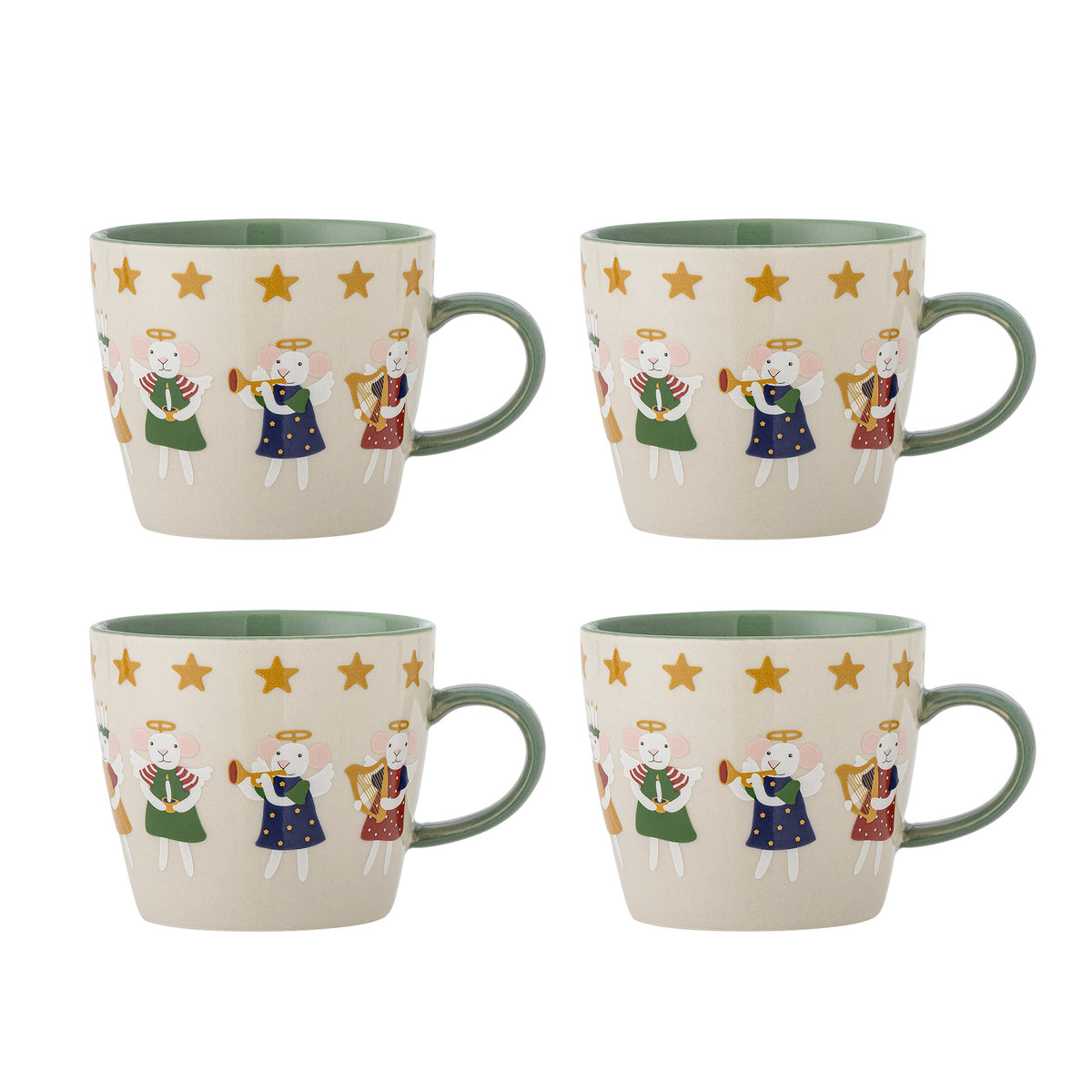 Peo Becher in Weiss aus Steingut von Bloomingville, mit glänzend grünem Henkel, Maus-Motiv und goldenen Sternen verziert, 4er-Set