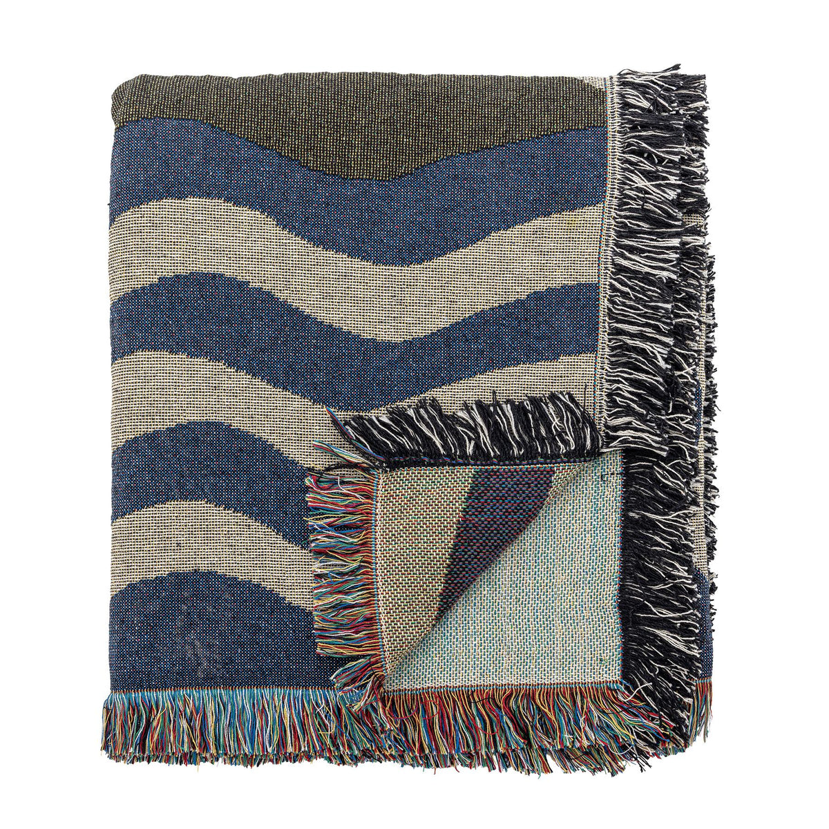 Gewebte Vinay Decke von Creative Collection in Multi mit horizontalem Wellenmuster, mehrfarbigen Fransen und Mischfaser-Material, 160x130cm