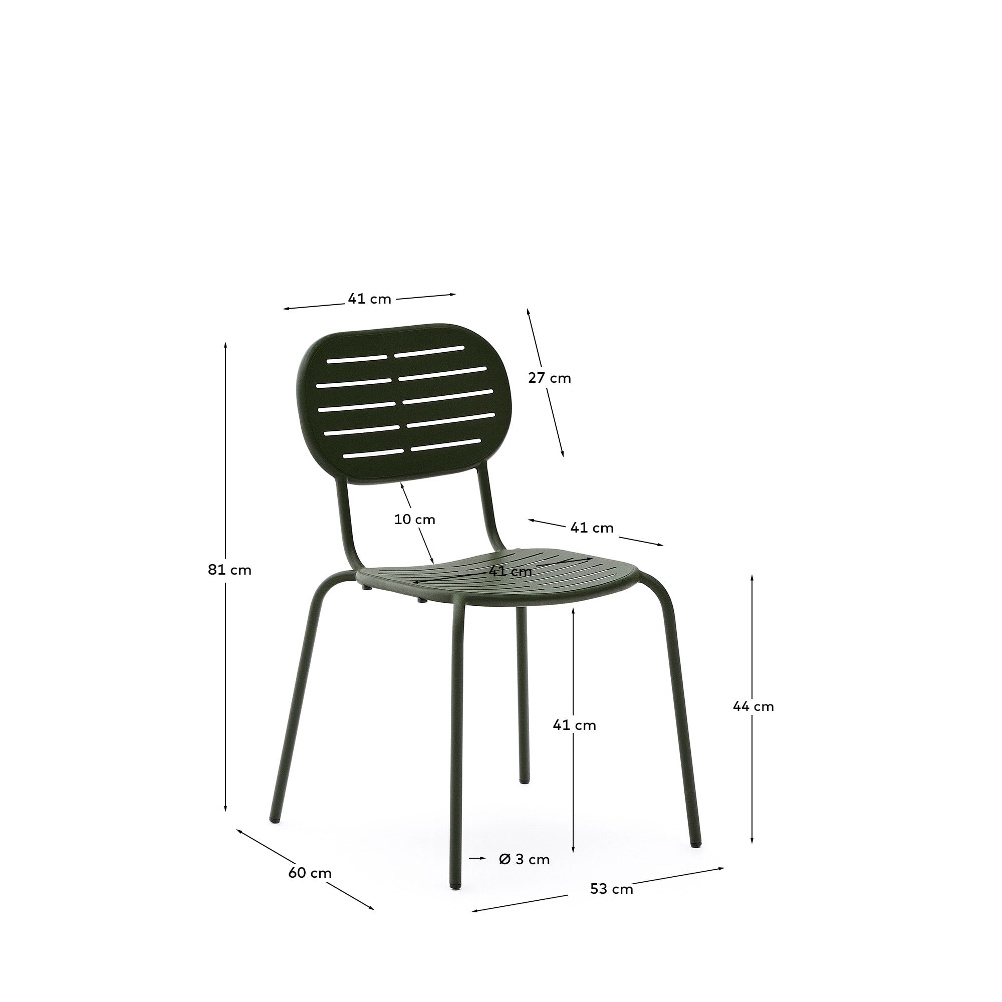 Stapelbarer Outdoor-Stuhl Brai aus grünem, verzinktem Stahl, ideal für Garten und Terrasse, robust, wetterfest und stilvoll.