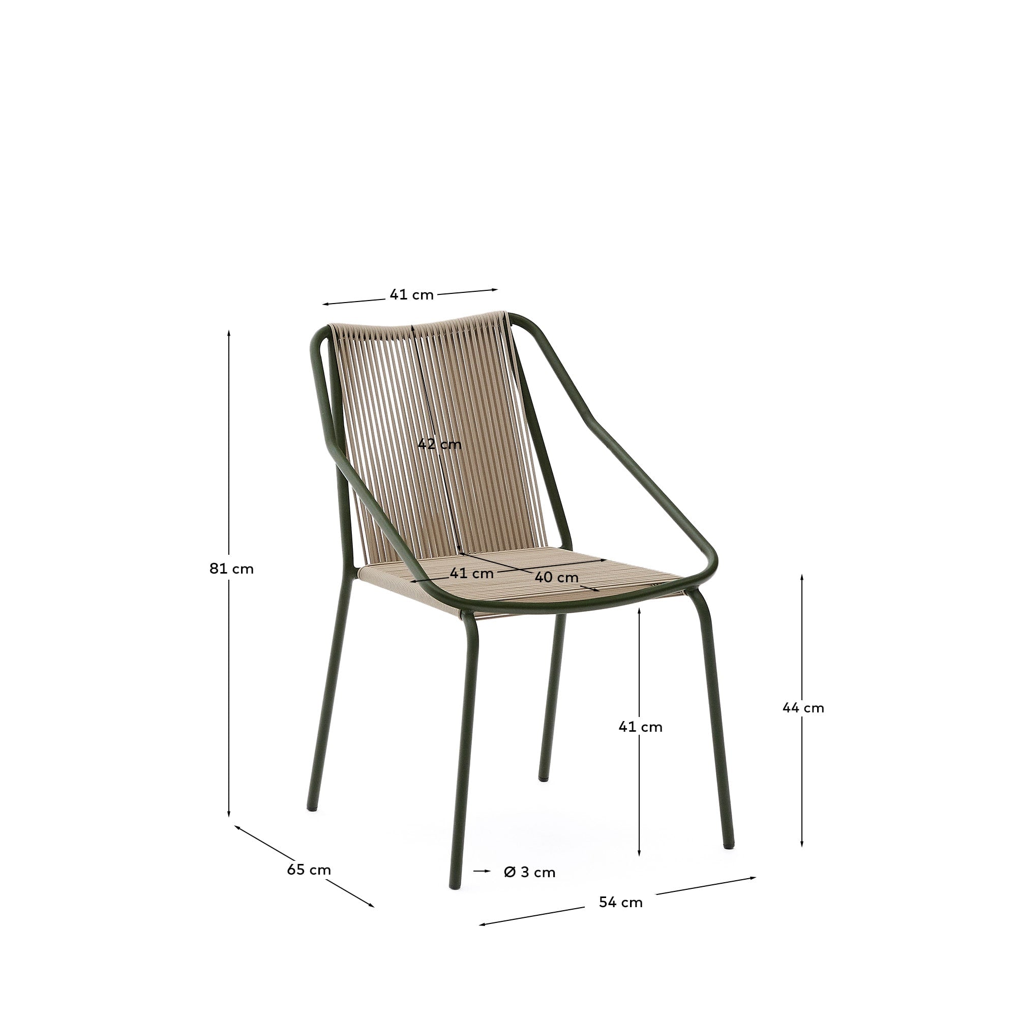 Eleganter Zivia-Stuhl aus robustem écrufarbenem Seil und grünem verzinktem Stahl, perfekt für stilvolle und langlebige Outdoor-Oasen.