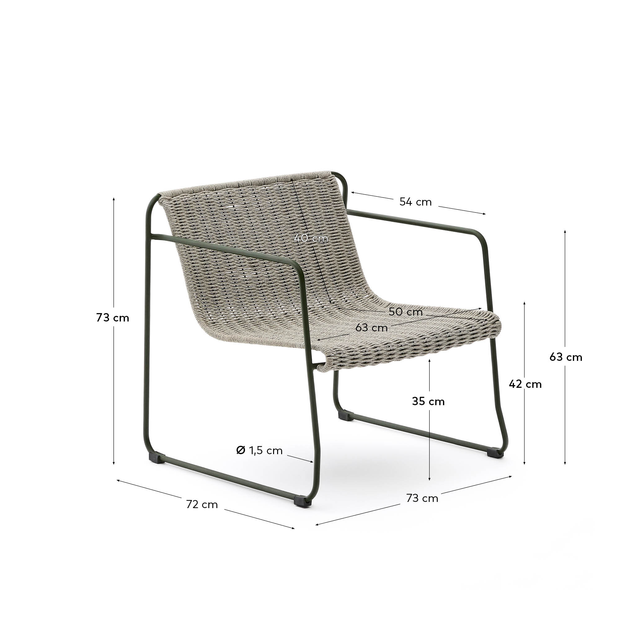 Eleganter Sessel aus grünem Stahl mit écrufarbenem und grauem Seil, perfekt für moderne Wohn- und Außenbereiche.