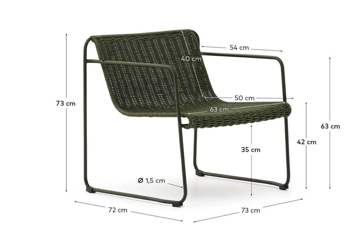 Sessel Maurina aus grün verzinktem Stahl mit grünem Seil in Dunkelgrün, Grün präsentiert im Onlineshop von KAQTU Design AG. Outdoor-Sessel mit Armlehnen ist von Kave Home