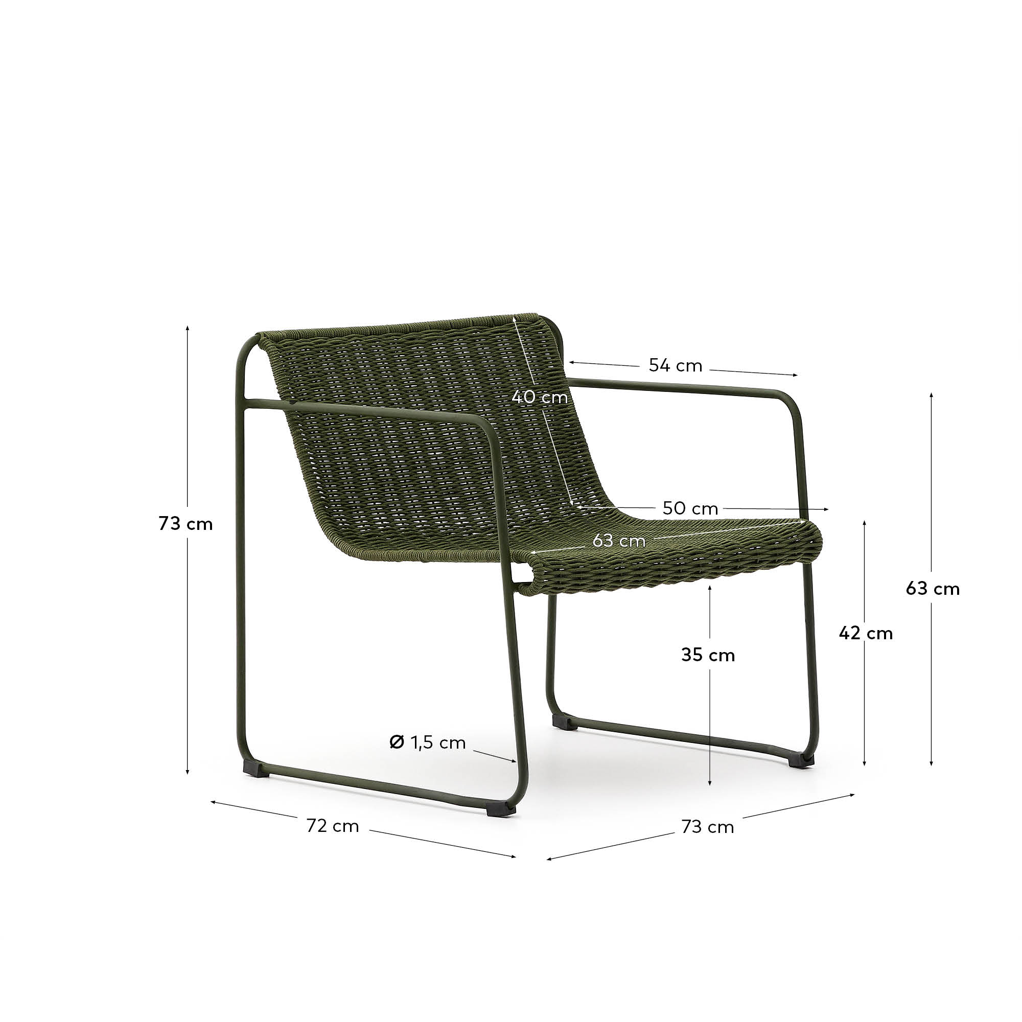 Eleganter Sessel Maurina aus grünem Stahl und Seil, perfekt für moderne Wohnräume und Gärten, von Kave Home.