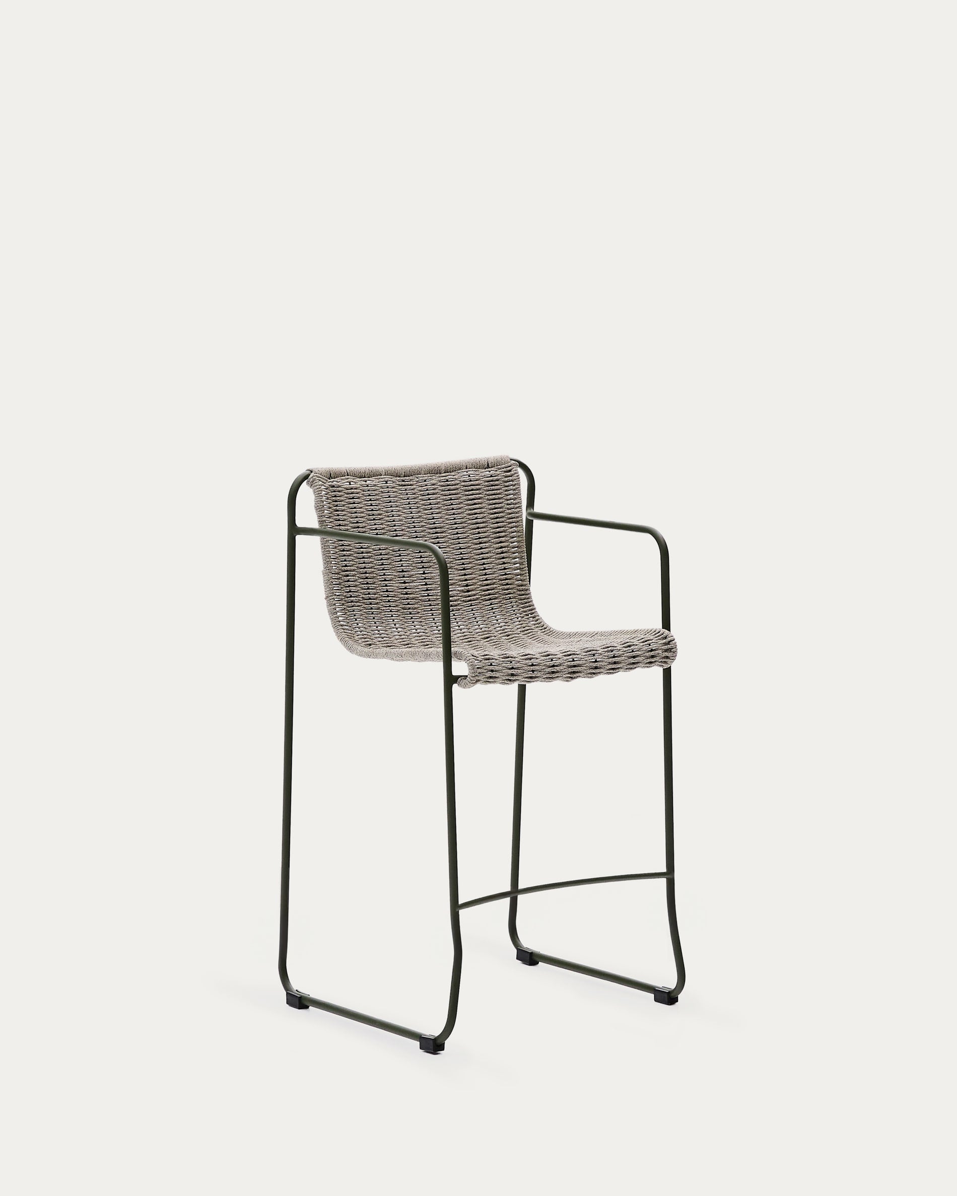 Eleganter Hocker aus grünem Stahl, écrufarbenem und grauem Seil, ideal für stilvolle Outdoor-Gestaltung.