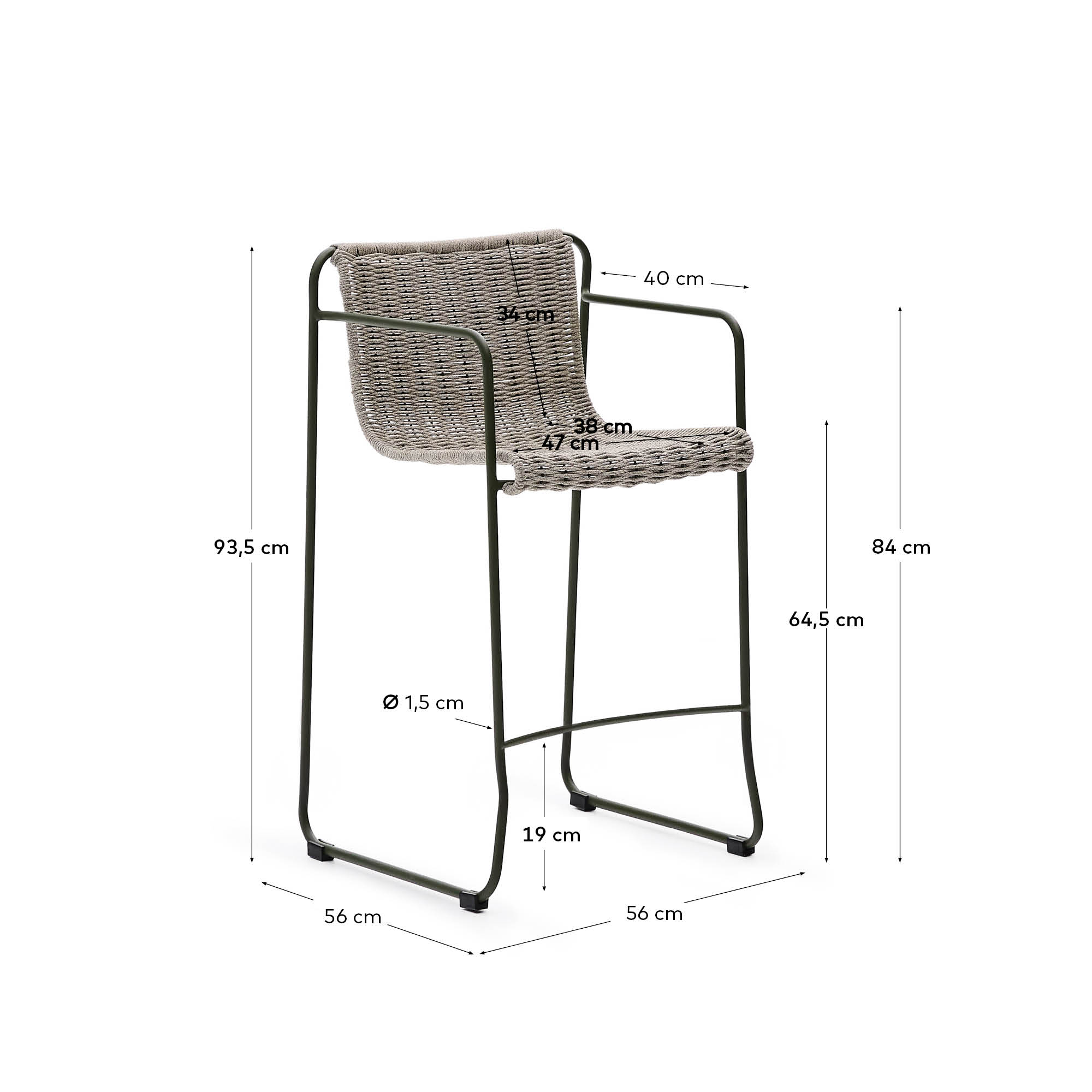 Stylischer Hocker aus grünem verzinktem Stahl, kombiniert mit edlem écrufarbenem und grauem Seil – perfekt für elegante Außenbereiche.