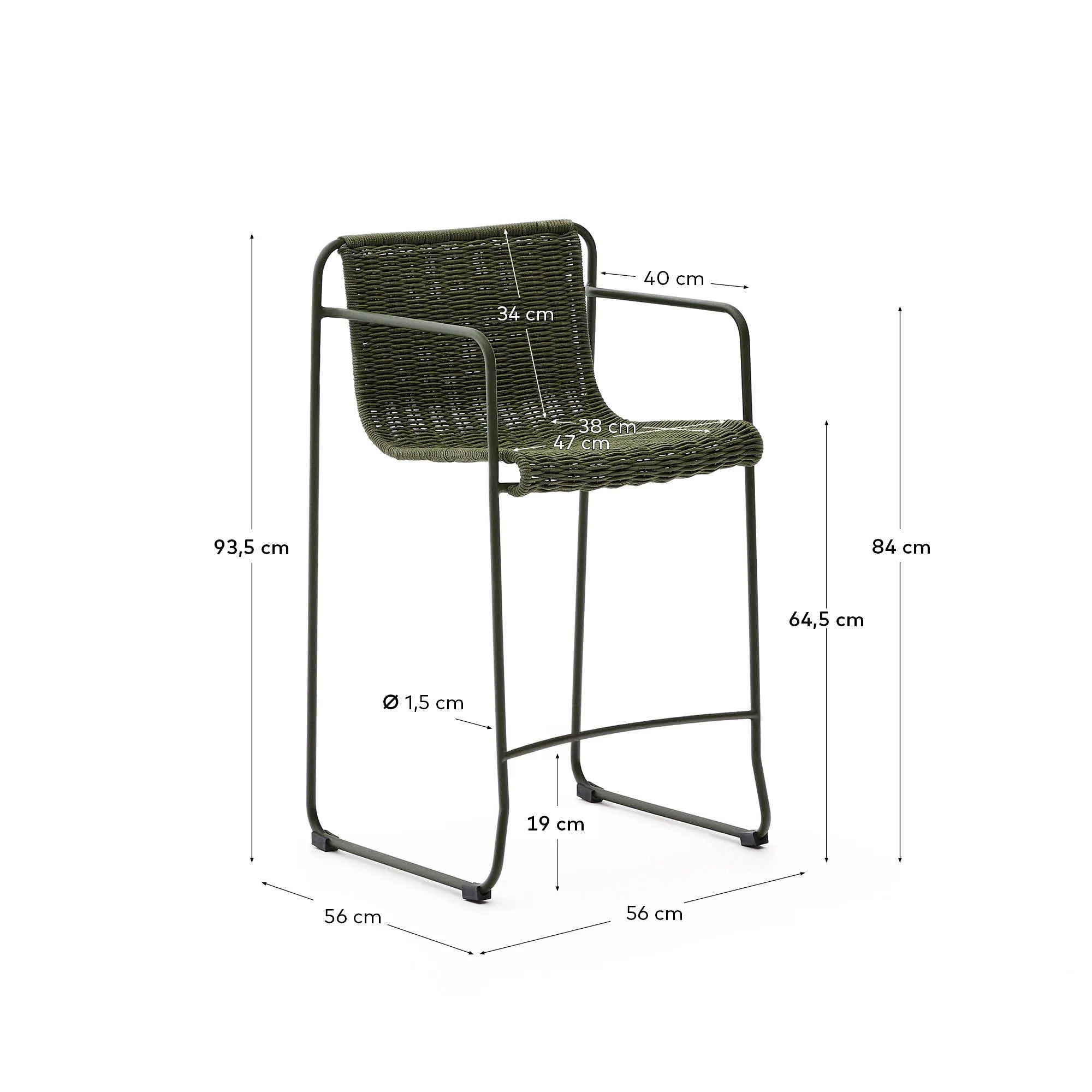 Moderner Hocker aus grünem, verzinktem Stahl mit Seilbespannung, 64,5 cm hoch, ideal für stilvolle und funktionale Räume.