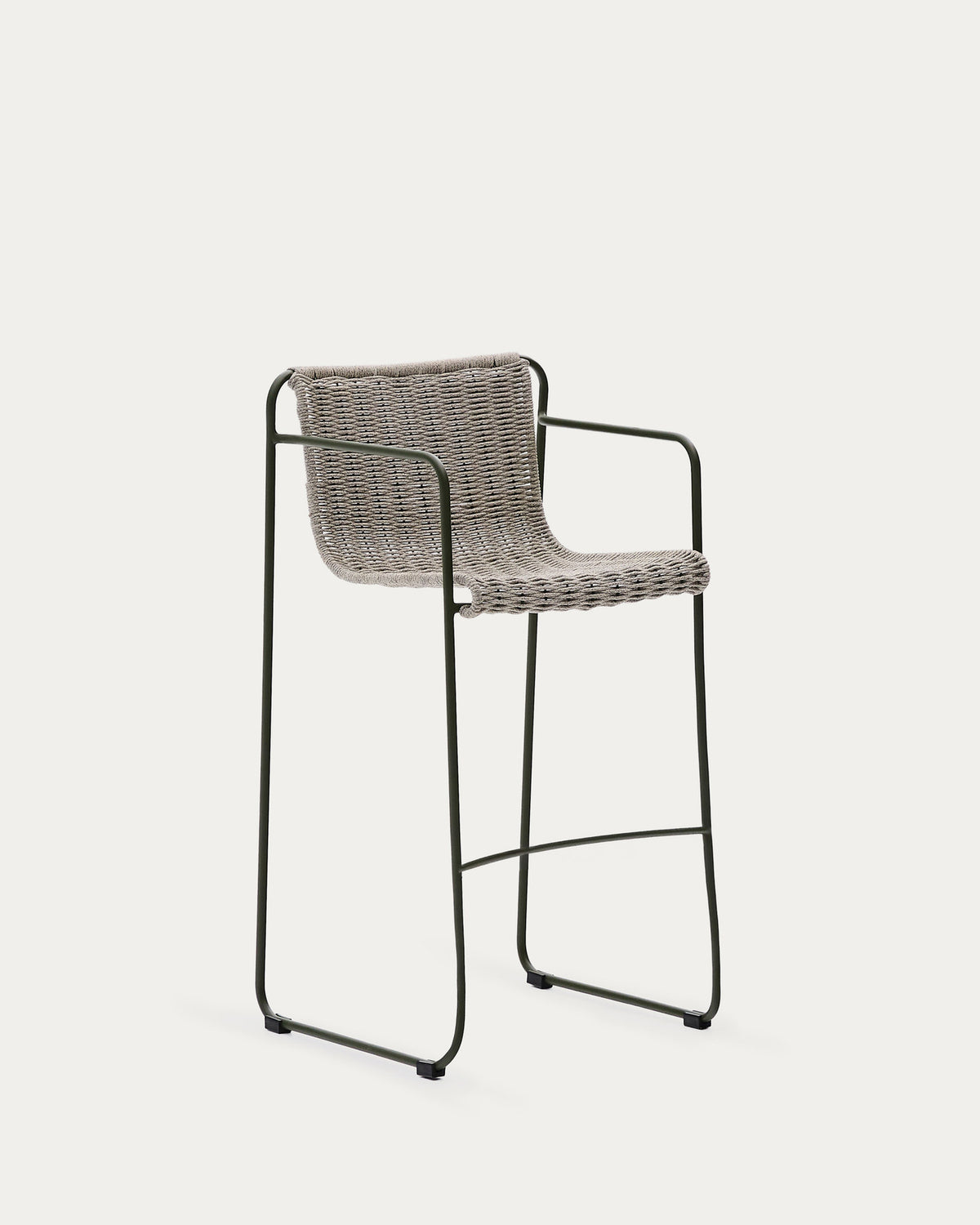 Hocker Maurina aus grün verzinktem Stahl mit écrufarbenem und grauem Seil 74,5 cm in Dunkelgrün, Hellgrau präsentiert im Onlineshop von KAQTU Design AG. Outdoor-Barstuhl mit Armlehne ist von Kave Home
