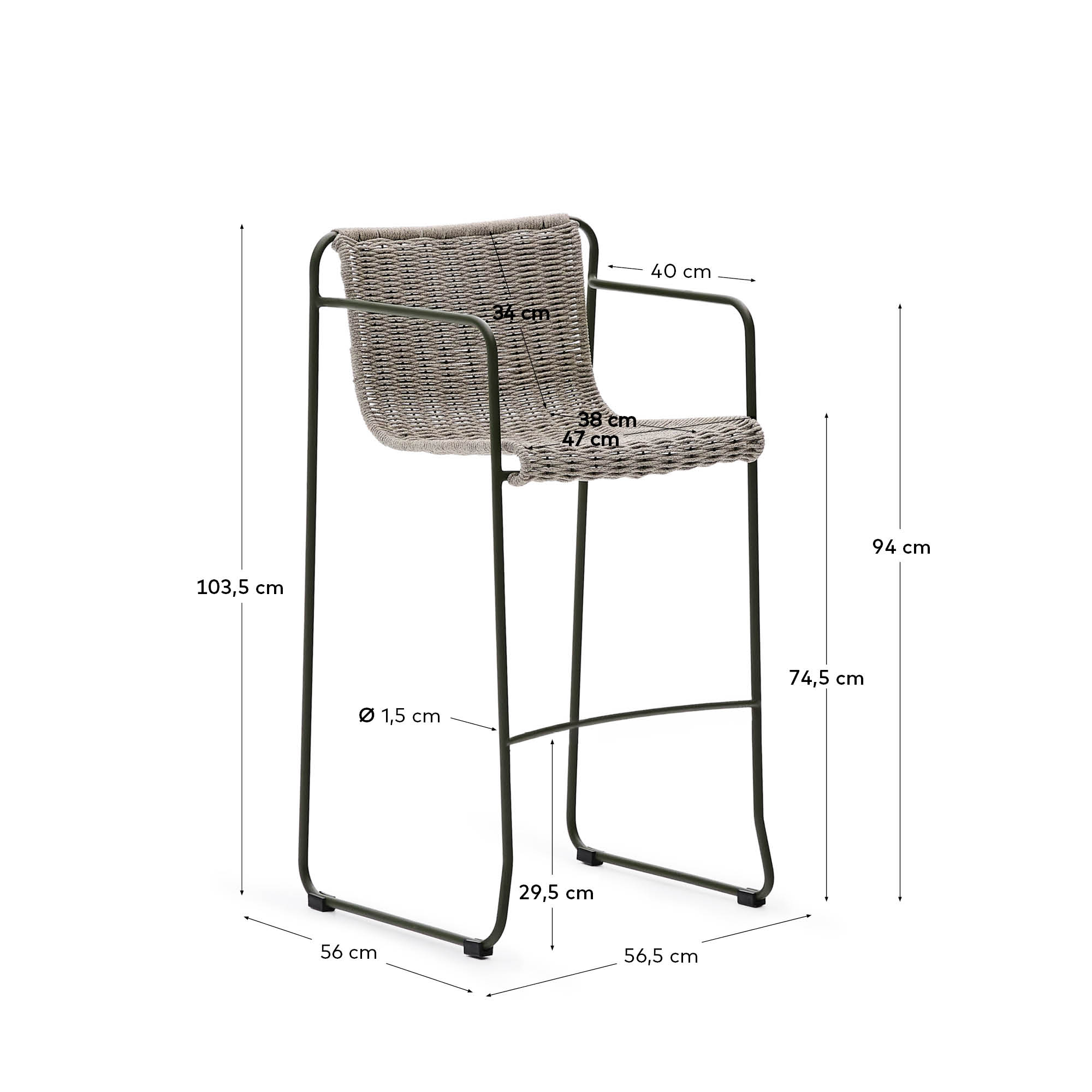 Moderner Hocker Maurina, 74,5 cm, aus grünem Stahl mit écrufarbenem und grauem Seil, ideal für stilvolle Wohnräume.