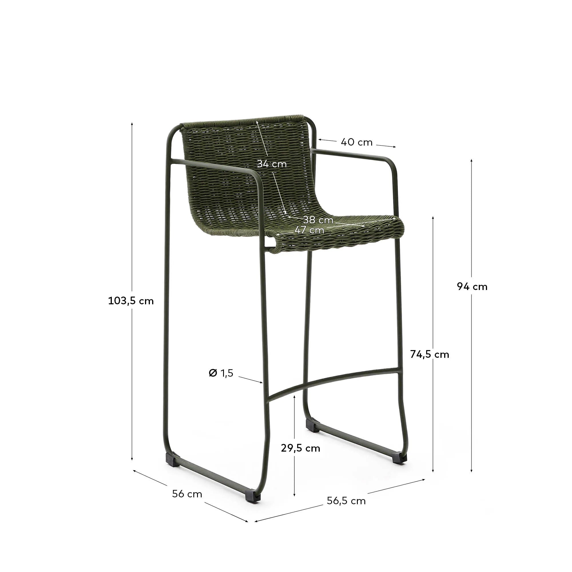 Moderner stapelbarer Hocker aus grünem Stahl mit Seil, 74,5 cm hoch, ideal für stilvolle Innen- und Außenbereiche.