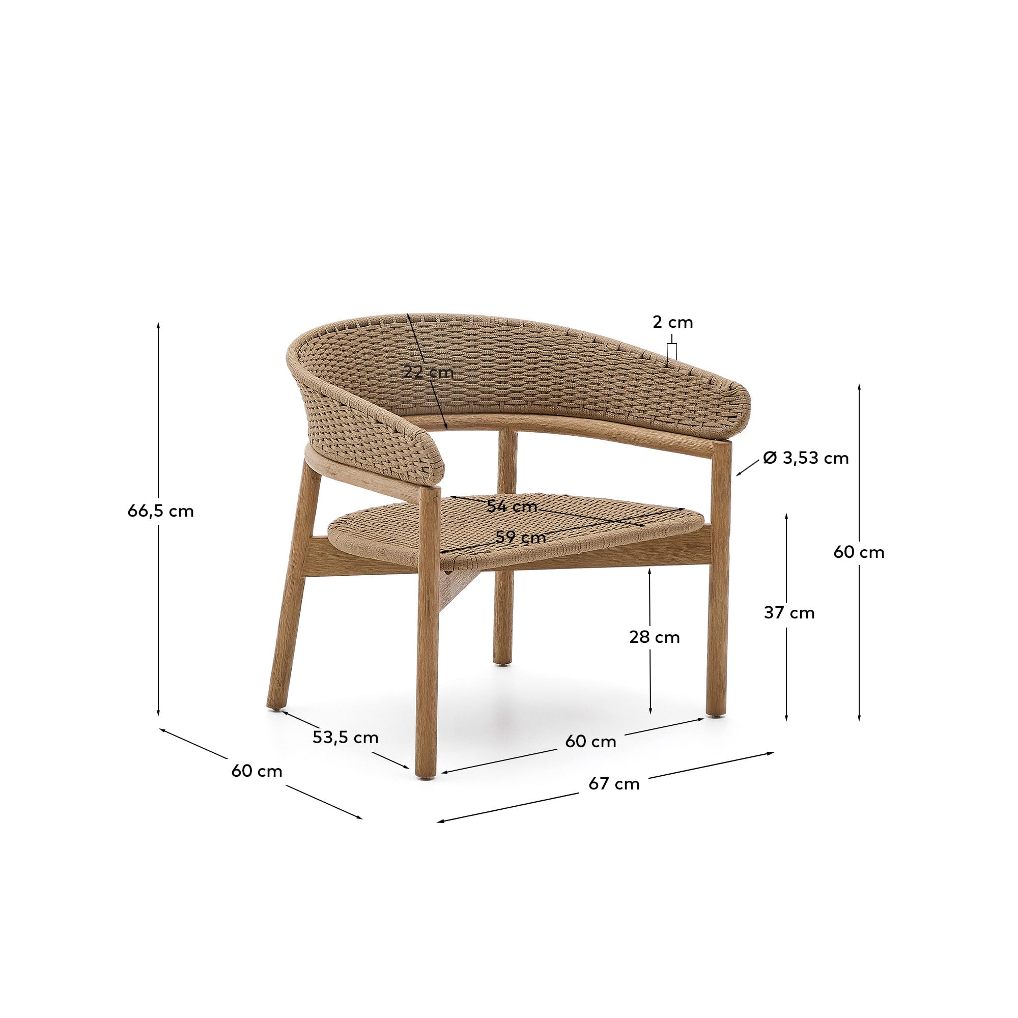 Das Sofa Arinella aus Akazienholz mit natürlichem Finish und beigem Seil bietet stilvollen Komfort und modernes Design.