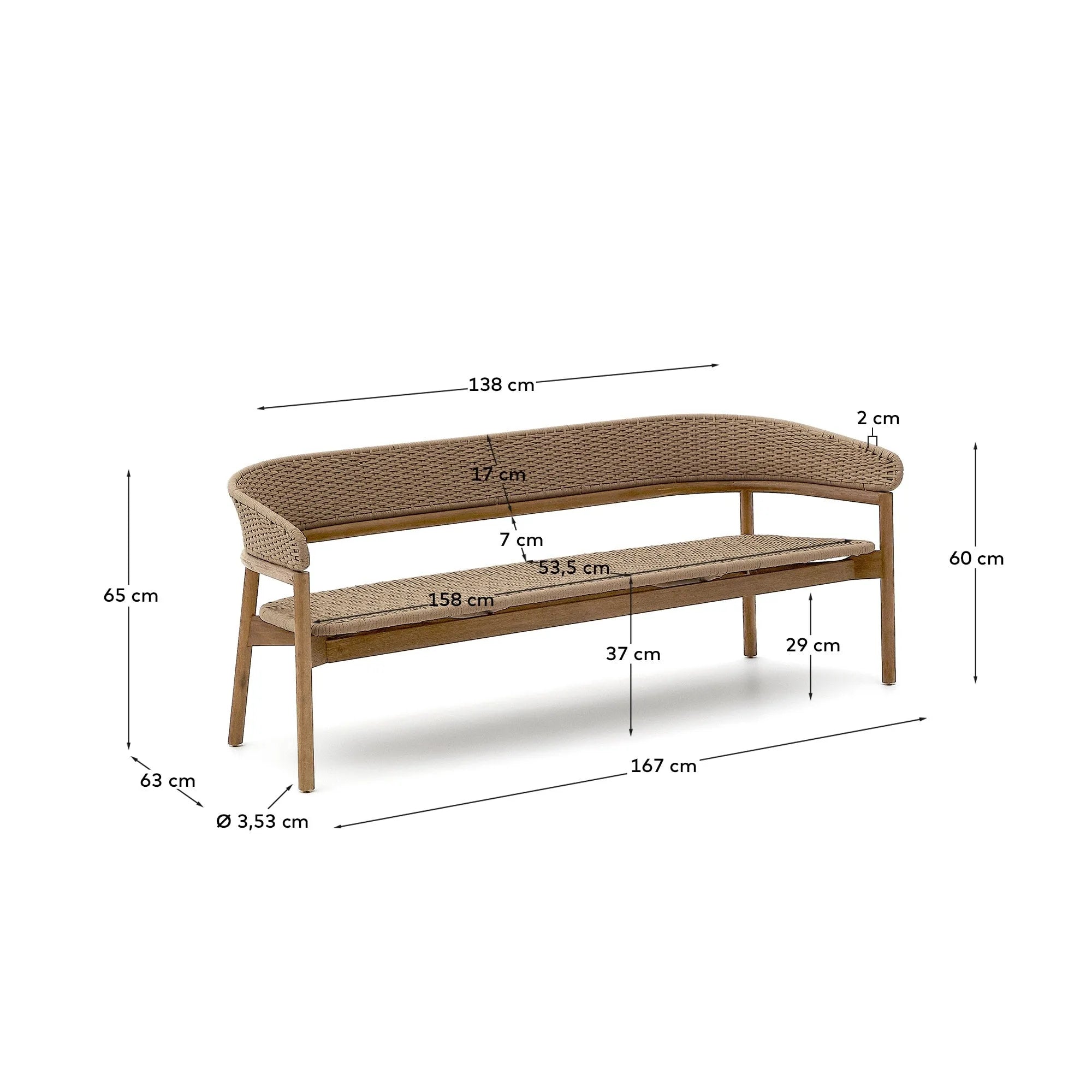 Elegantes 3-Sitzer-Sofa Arinella aus Akazienholz mit natürlichem Finish und beigen Polstern, ideal für stilvolle Wohnräume.