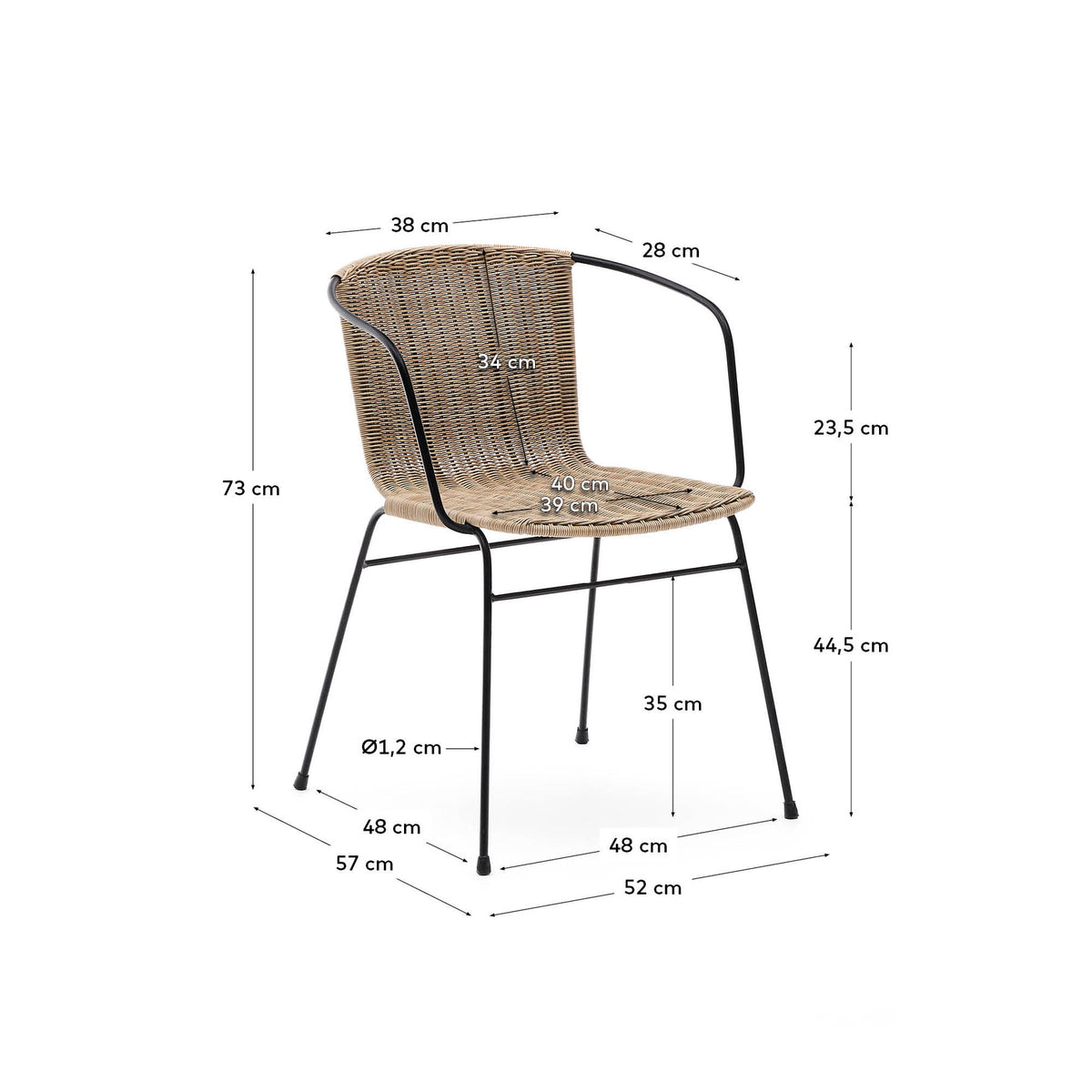 Stapelbarer Stuhl Eltiera aus synthetischem Rattan mit Gestell und Armlehnen aus schwarzem Stahl in Hellbraun, Schwarz präsentiert im Onlineshop von KAQTU Design AG. Gartenstuhl mit Armlehnen ist von Kave Home