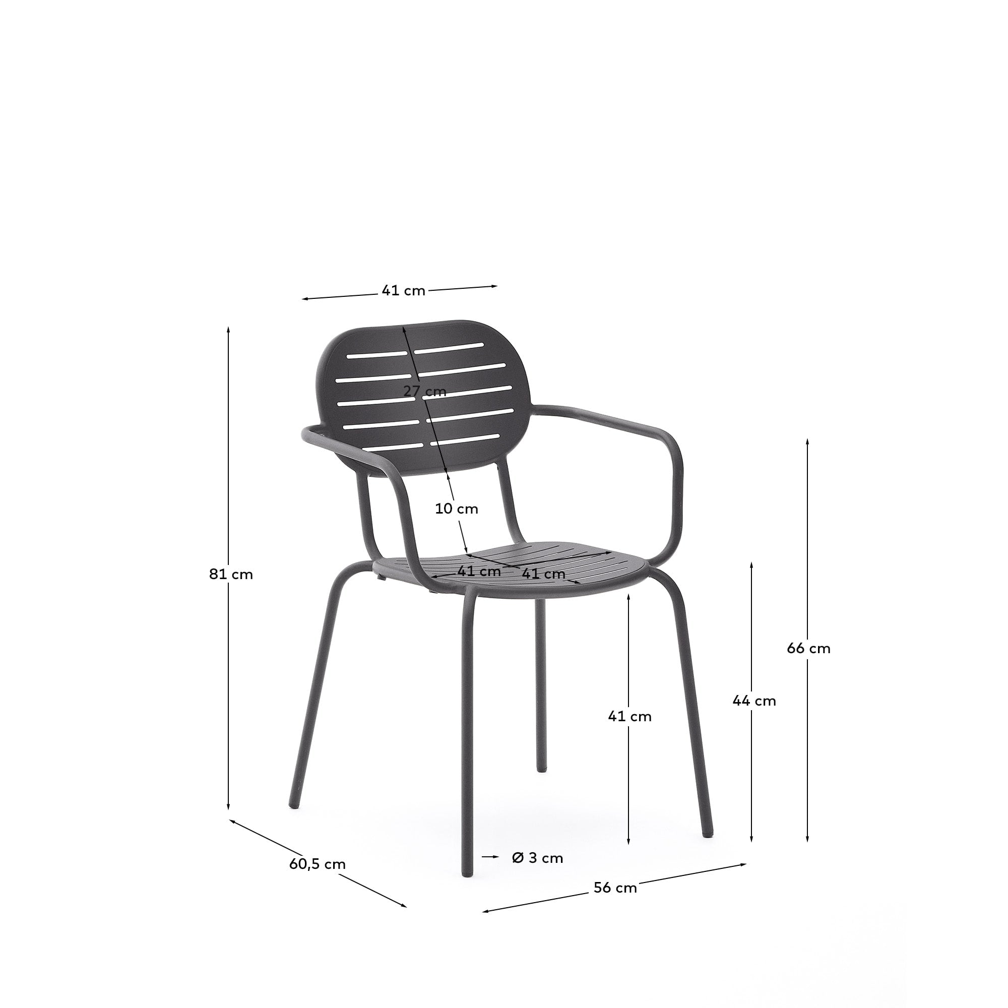 Stapelbarer Outdoor-Stuhl aus verzinktem Stahl, dunkelgrau, ergonomisch, robust, elegant, pflegeleicht, platzsparend.