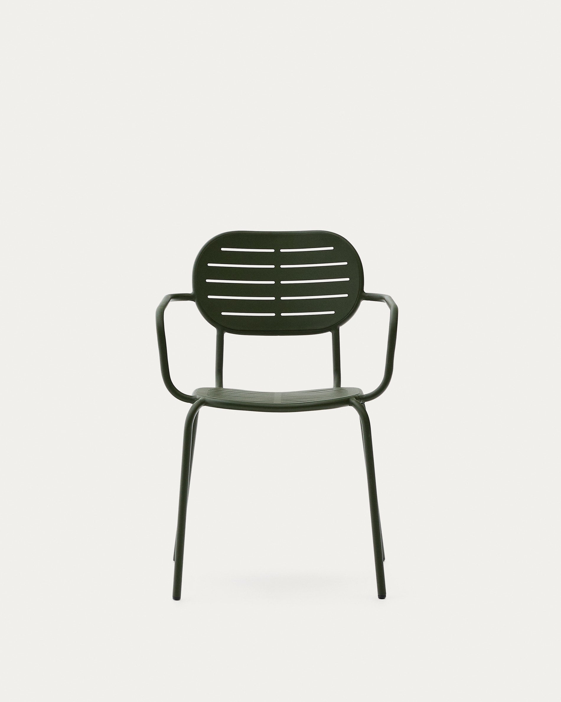 Stapelbarer Outdoor-Stuhl Brai aus grünem verzinktem Stahl mit Armlehnen, ideal für Garten oder Terrasse, robust und stilvoll.