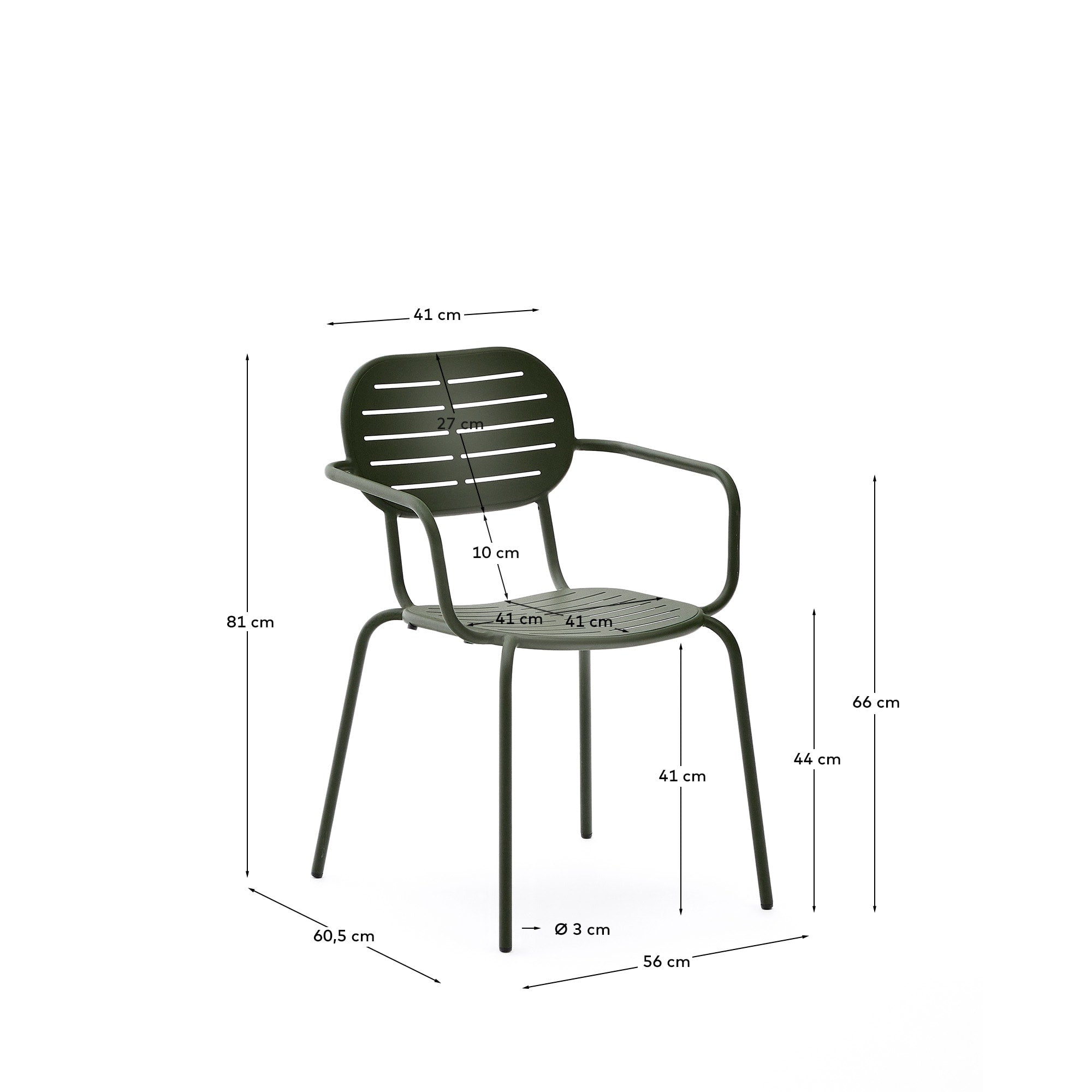 Outdoor-Stuhl Brai aus grünem verzinktem Stahl, stapelbar, mit Armlehnen, perfekt für Garten oder Terrasse, langlebig und modern.