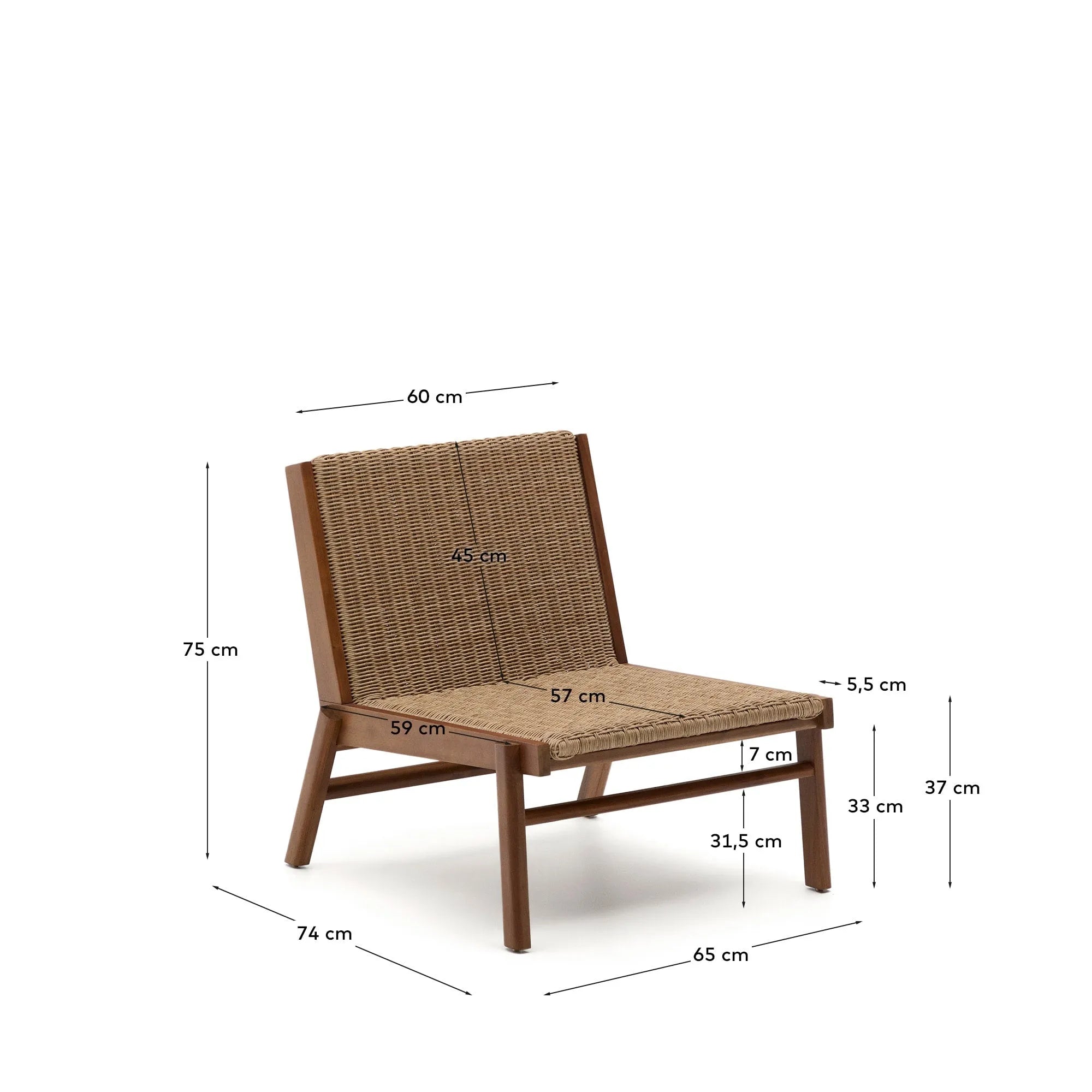 Stilvolles Sofa Itani aus FSC-zertifiziertem Teakholz und synthetischem Rattan, perfekt für nachhaltige und moderne Wohnbereiche.