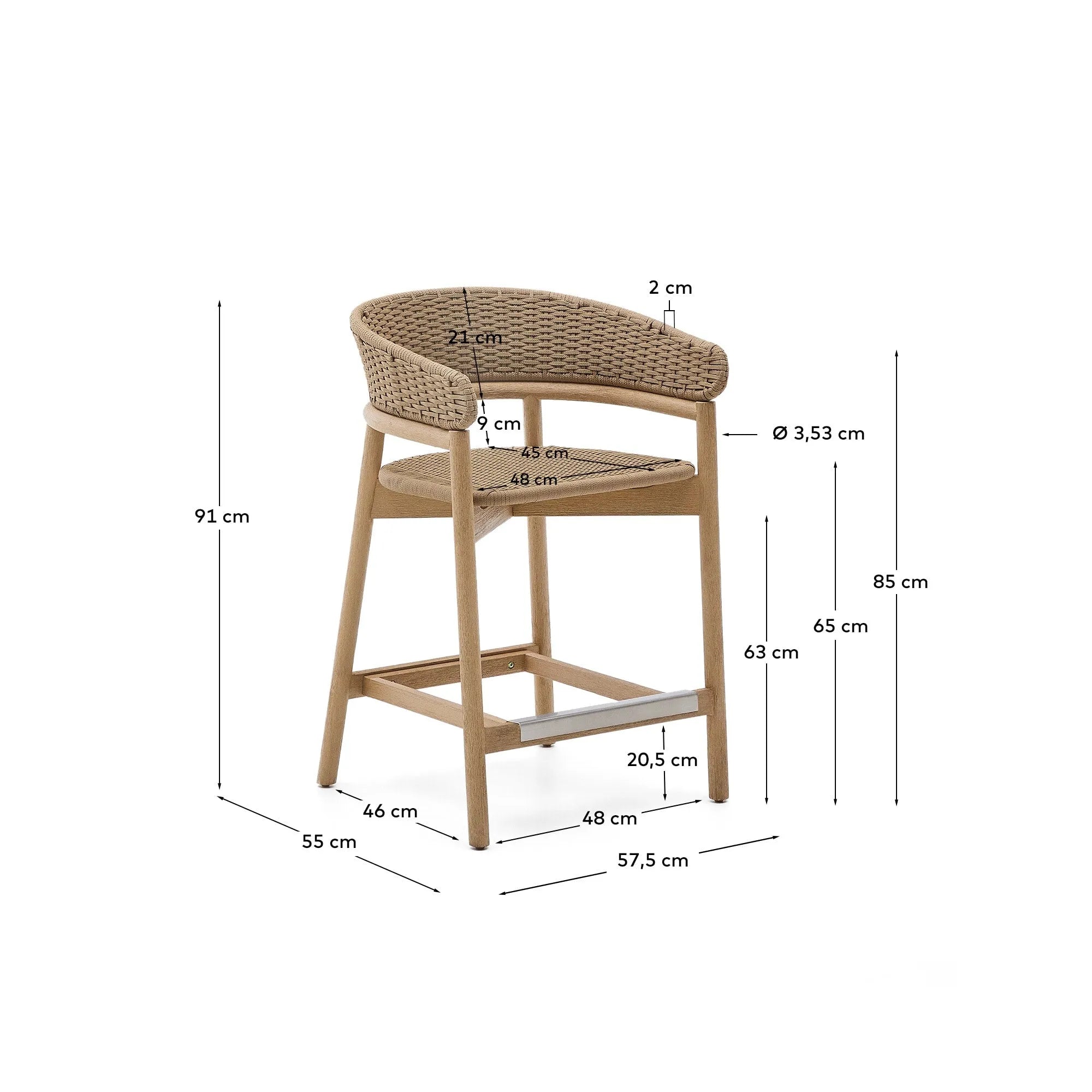 Hocker Arinella aus Akazienholz mit natürlichem Finish und beigem Seil, perfekt für moderne und elegante Wohnräume.