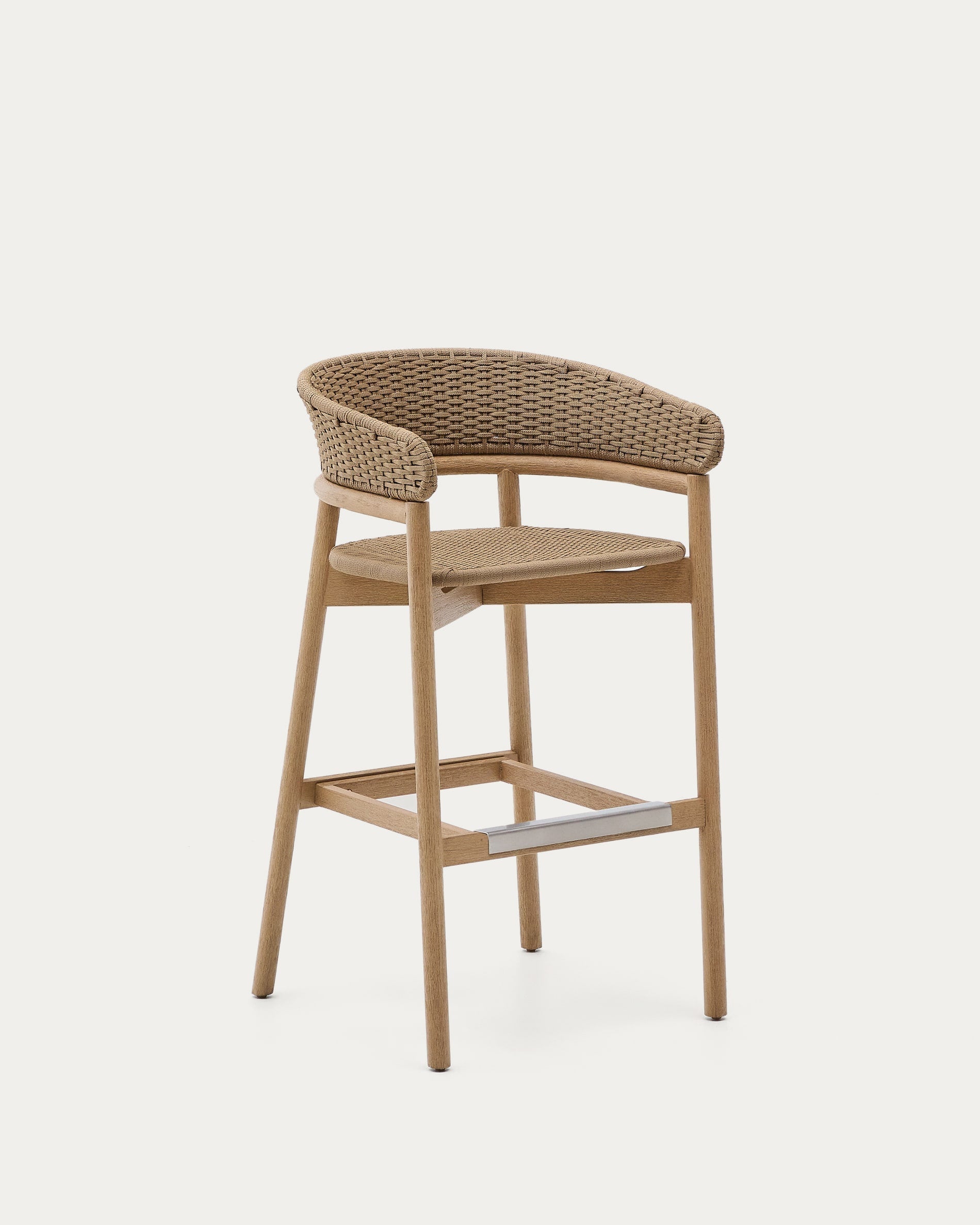 Hocker Arinella aus massivem Akazienholz, naturbelassen, mit beigem Seil, ideal für stilvolle und moderne Inneneinrichtungen.