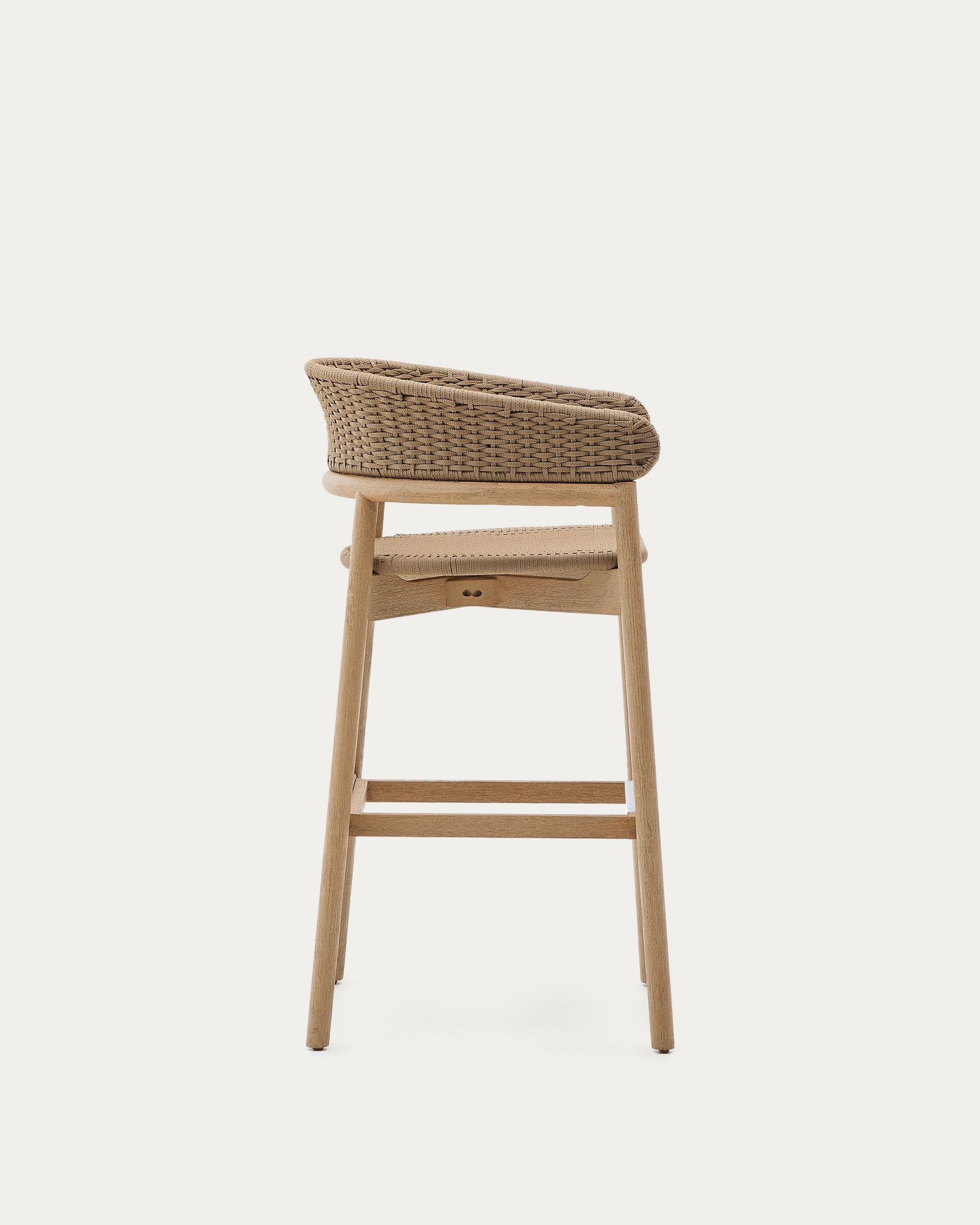 Hocker Arinella aus massivem Akazienholz, naturbelassen, mit beigem Seil, ideal für stilvolle und moderne Inneneinrichtungen.
