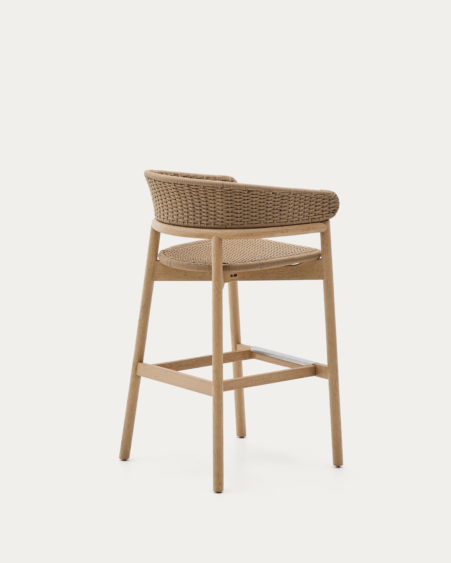 Hocker Arinella aus Akazienholz mit natürlichem Finish und beigem Seil, perfekt für moderne und elegante Wohnräume.
