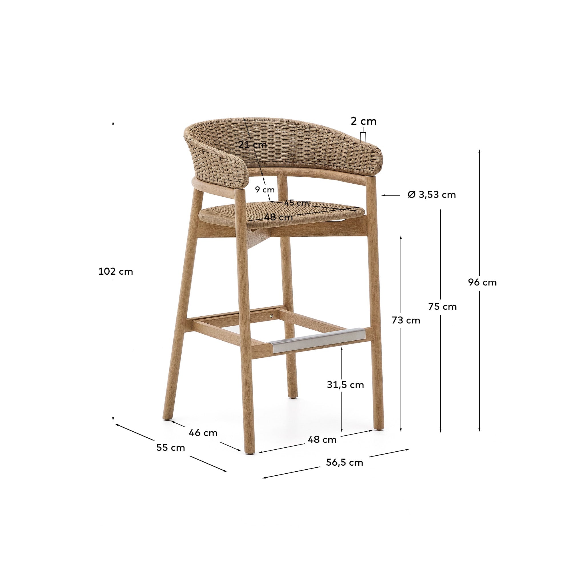 Hocker Arinella aus Akazienholz mit natürlichem Finish und beigem Seil, perfekt für moderne und elegante Wohnräume.