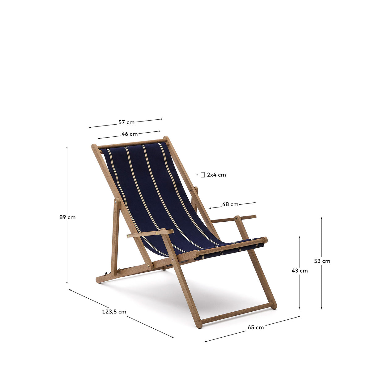 Blau-beige gestreifter klappbarer Outdoor-Liegestuhl Vilara aus massivem Akazienholz, FSC 100% in Dunkelblau, Weiss, Braun präsentiert im Onlineshop von KAQTU Design AG. Liegestuhl ist von Kave Home