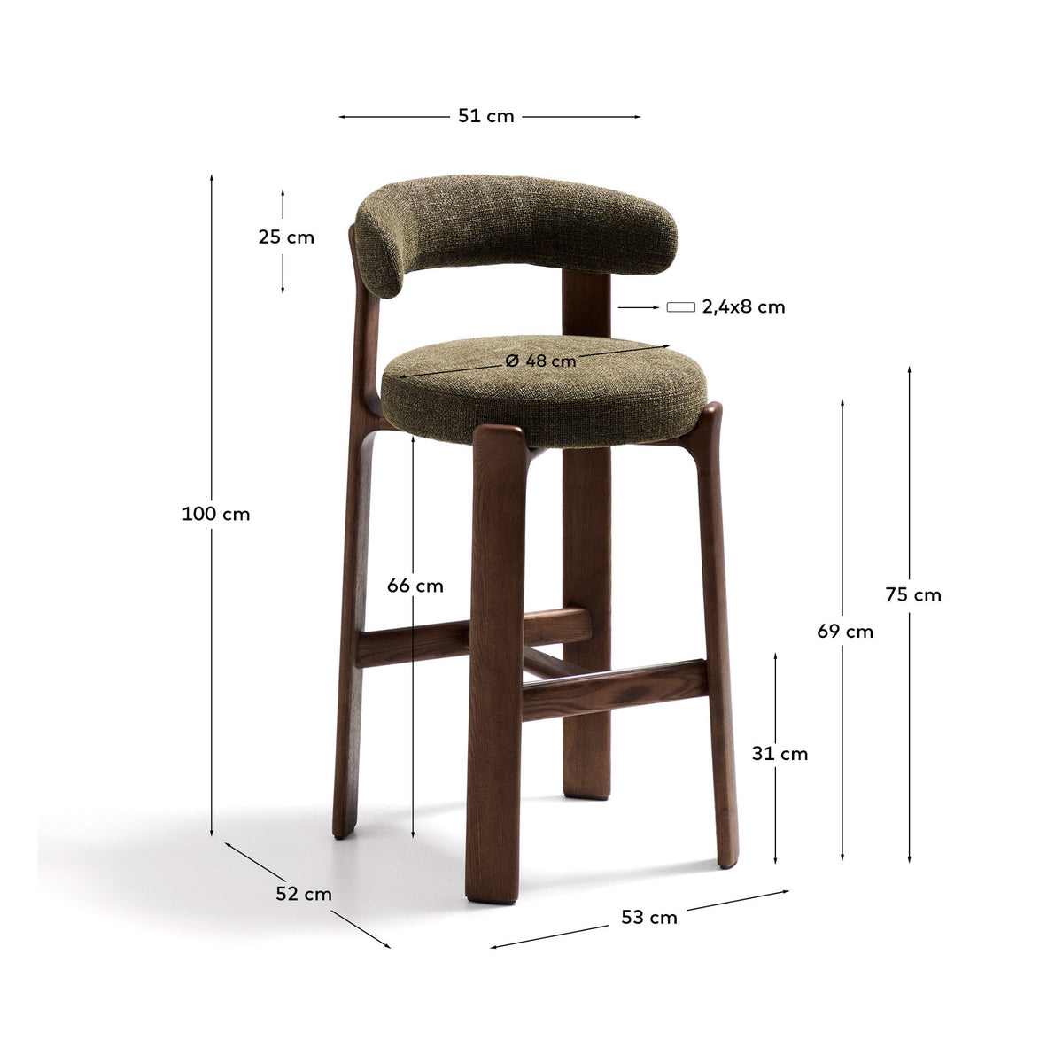 Hocker Granite aus grüner Chenille und massivem Eschenholz mit walnussholzfarbenem Finish, FSC 100%, 75 cm in Grün präsentiert im Onlineshop von KAQTU Design AG. Barstuhl ist von Kave Home