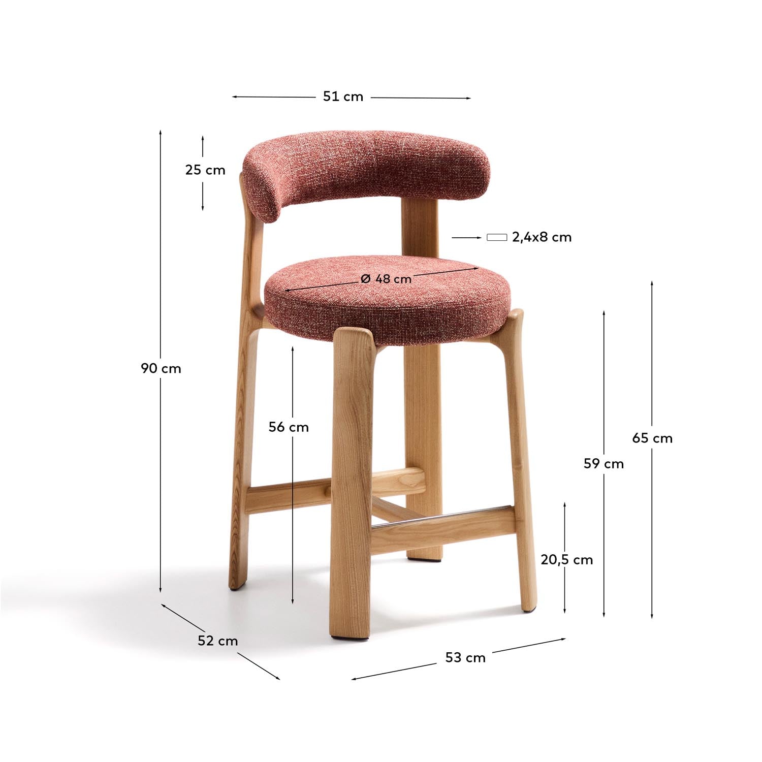 Hocker Granite aus terrakottafarbener Chenille und massivem Eschenholz mit naturfarbenem Finish, FSC 100%, 65 cm in Terrakotta präsentiert im Onlineshop von KAQTU Design AG. Barstuhl ist von Kave Home