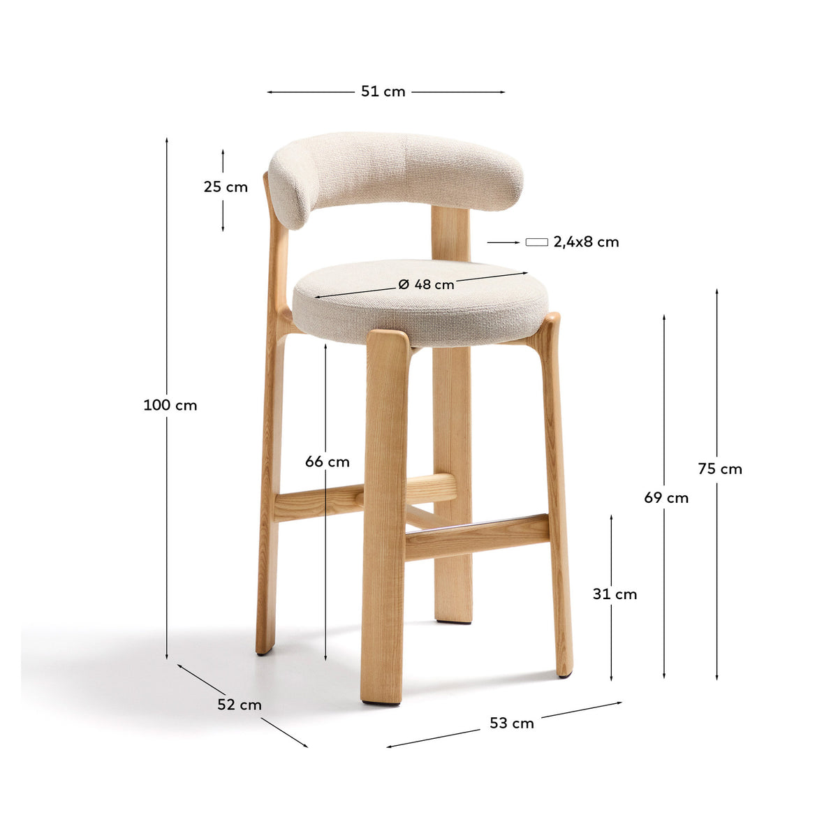 Hocker Granite aus beigefarbener Chenille und massivem Eschenholz mit naturfarbenem Finish, FSC 100%, 75 cm in Beige präsentiert im Onlineshop von KAQTU Design AG. Barstuhl ist von Kave Home