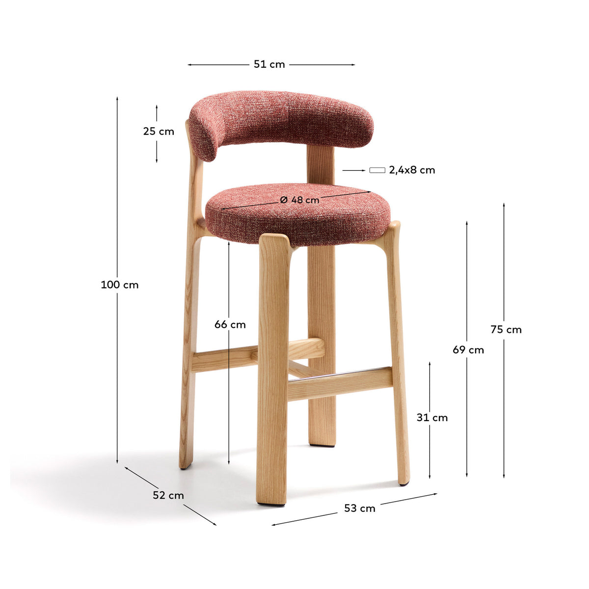 Hocker Granite aus terrakottafarbener Chenille und massivem Eschenholz mit naturfarbenem Finish, FSC 100%, 75 cm in Terrakotta präsentiert im Onlineshop von KAQTU Design AG. Barstuhl ist von Kave Home