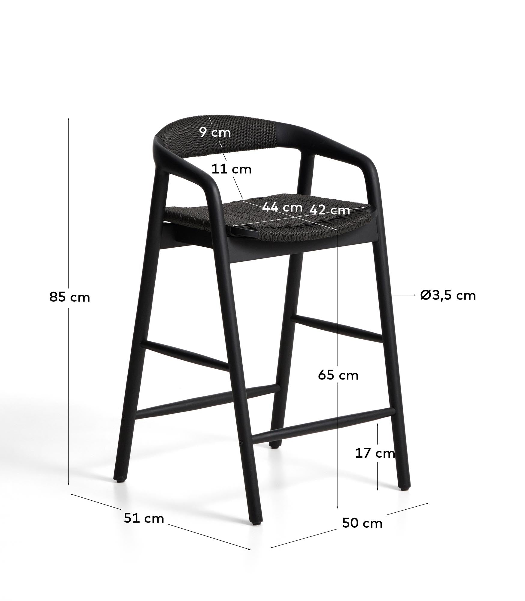 Hocker Derile aus robustem Eichenholz mit schwarzem Finish und stilvollem Papierseil, 65 cm hoch, perfekt für moderne Barbereiche.