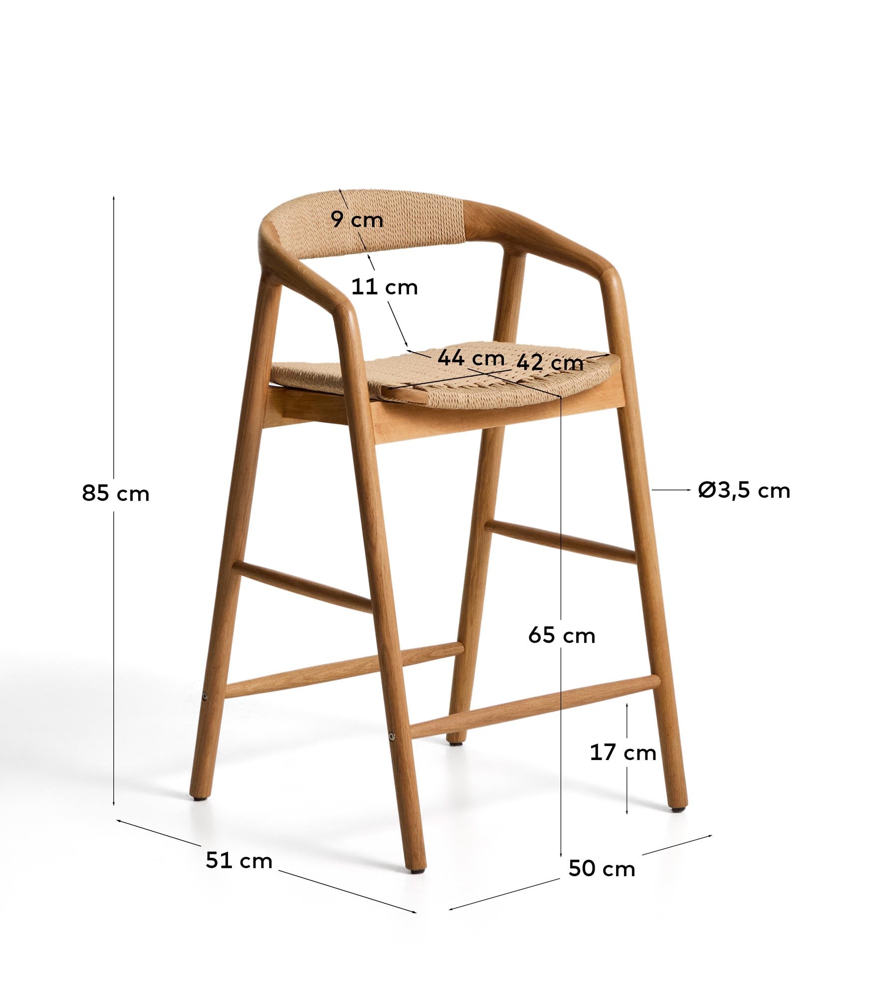 Eleganter Hocker Derile aus robustem Eichenholz mit natürlichem Finish und beigem Papierseil, ideal für stilvolle Bar- und Esszimmer.