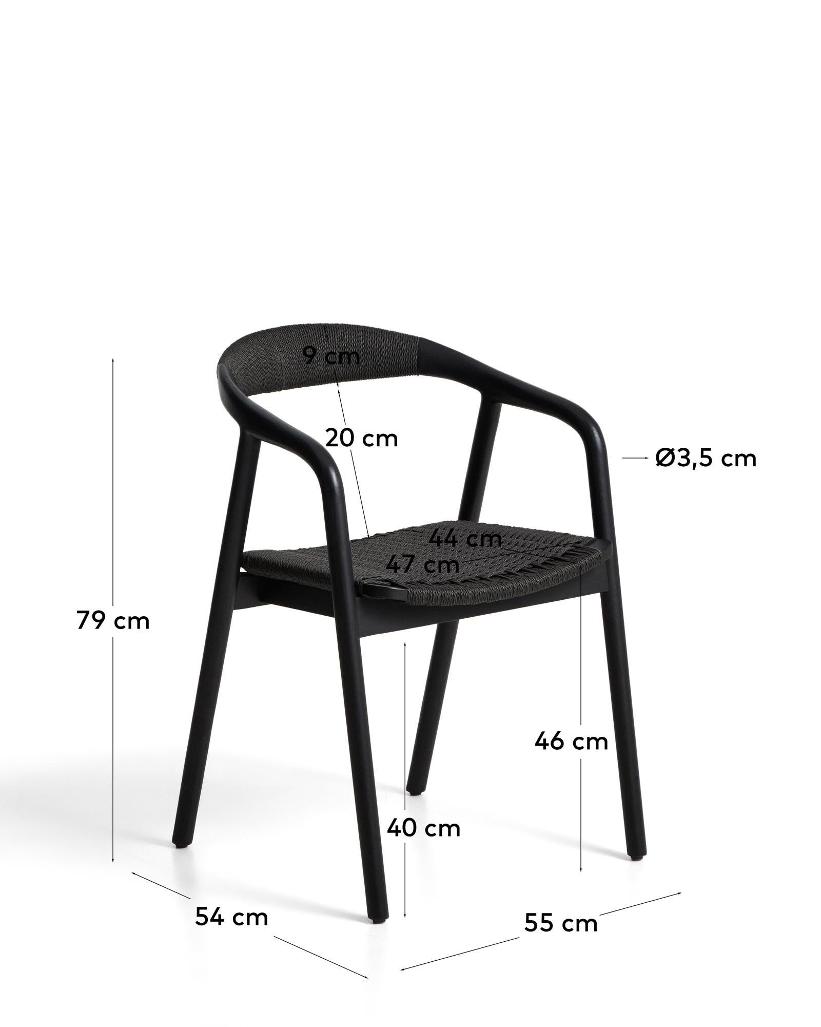 Stuhl Derile aus massivem Eichenholz mit schwarzem Finish und stilvollem Papierseil, perfekt für zeitgemäße Einrichtung und Komfort.