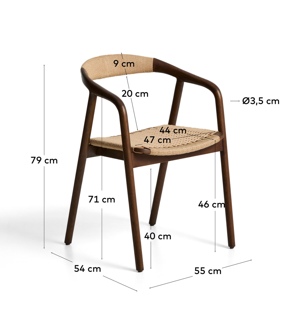 Stuhl Derile aus massivem Eichenholz mit Nussbaum-Finish und beigem Papierseil FSC Mix Credit in Beige präsentiert im Onlineshop von KAQTU Design AG. Stuhl mit Armlehne ist von Kave Home