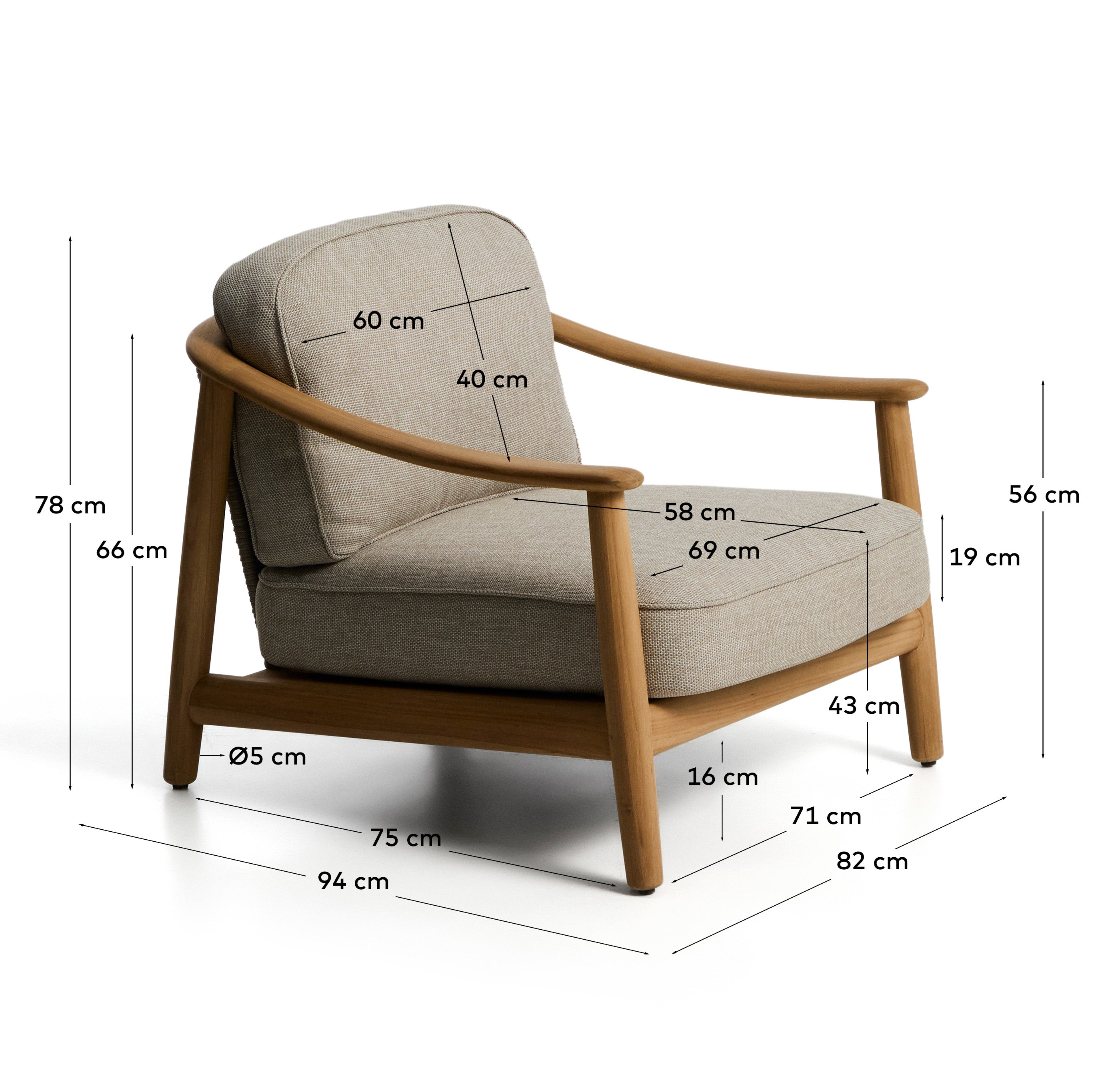 Eleganter Outdoor-Sessel Elunda aus hochwertigem Teakholz, ideal für entspannte Stunden im Freien, vereint Komfort und Langlebigkeit.