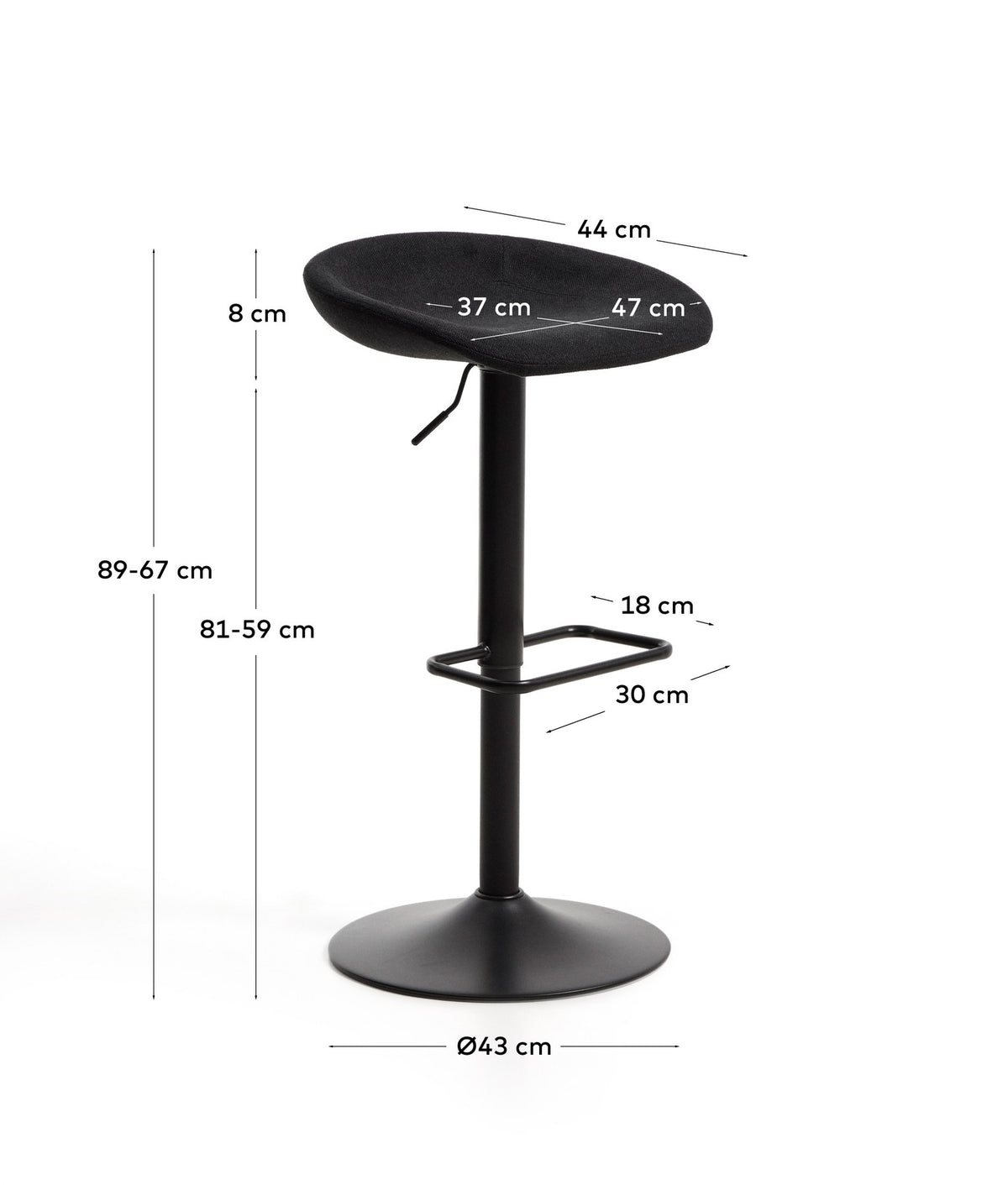 Drehbarer Hocker Danua mit schwarzem Chenillebezug, gepolstertem Sitz und mattschwarzem Stahlgestell, höhenverstellbar.